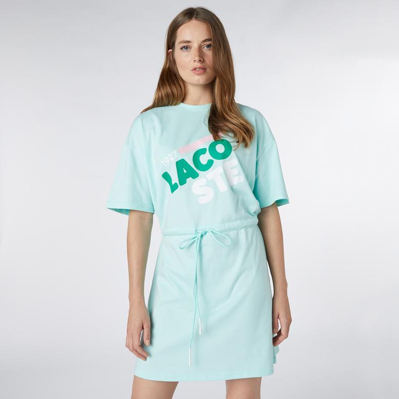 Lacoste Kadın Loose Fit Kısa Kollu Bisiklet Yaka Baskılı Açık Yeşil Elbise