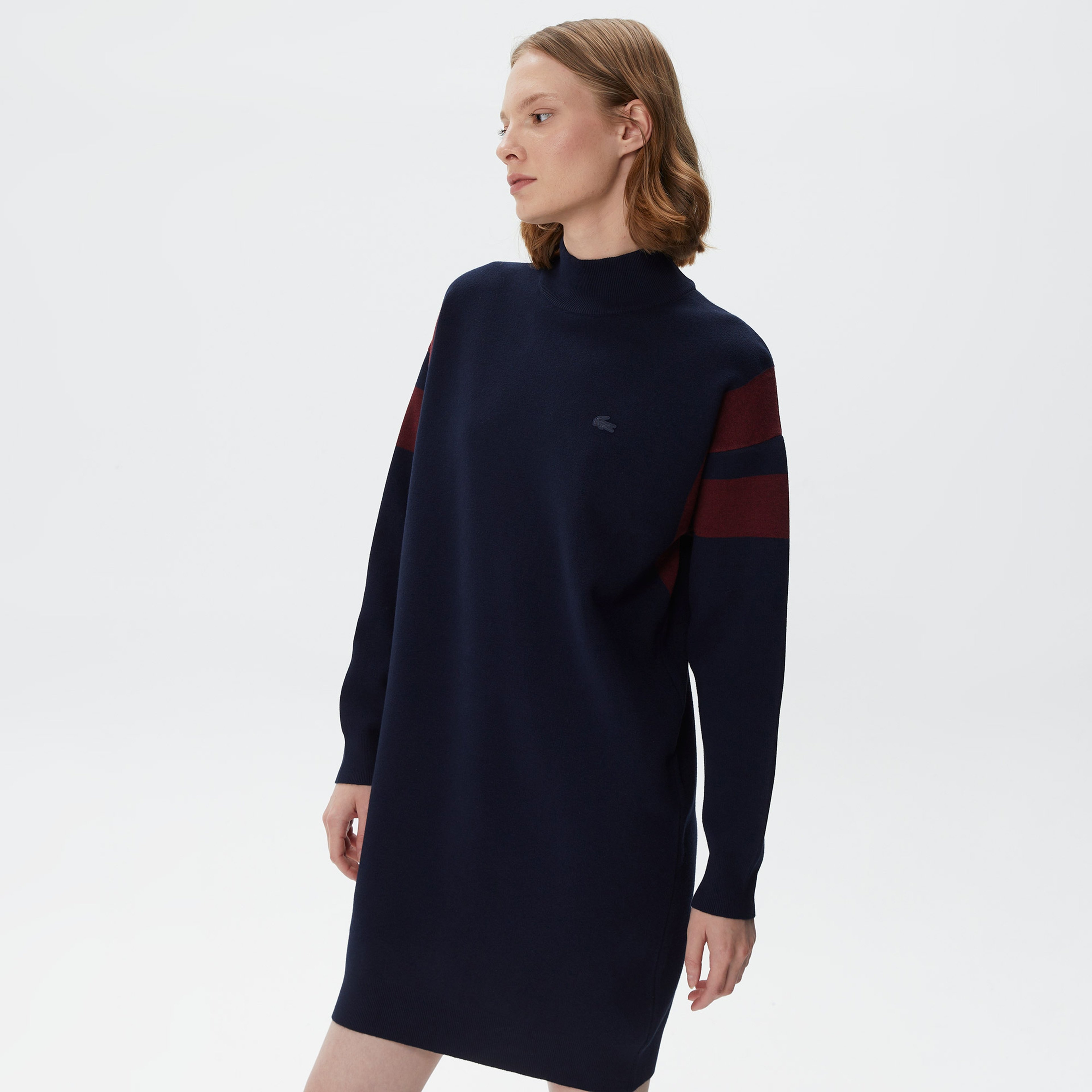 Kadın Loose Fit Uzun Kollu Bisiklet Yaka Lacivert Elbise