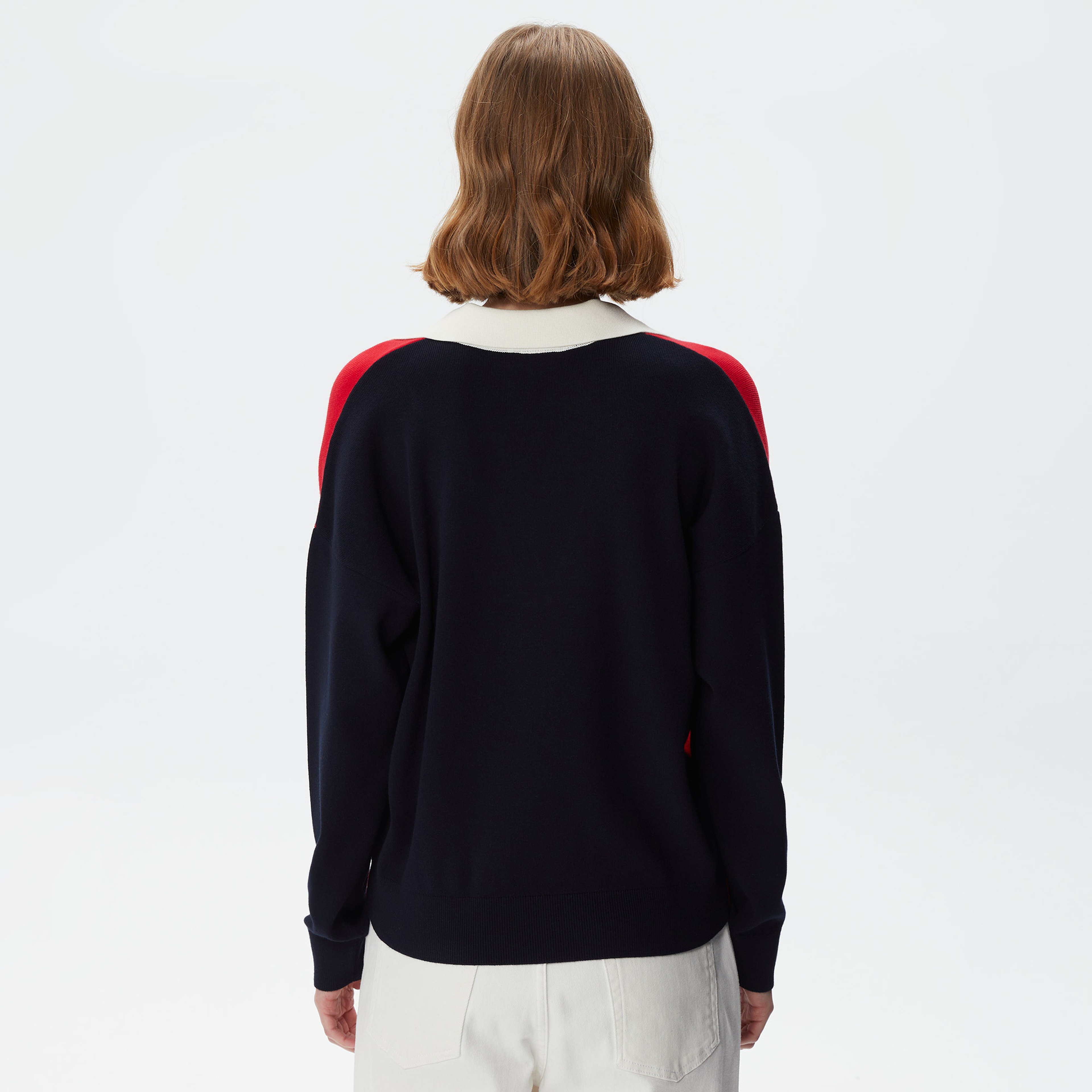 Kadın Regular Fit Polo Yaka Renk Bloklu Kırmızı Kazak