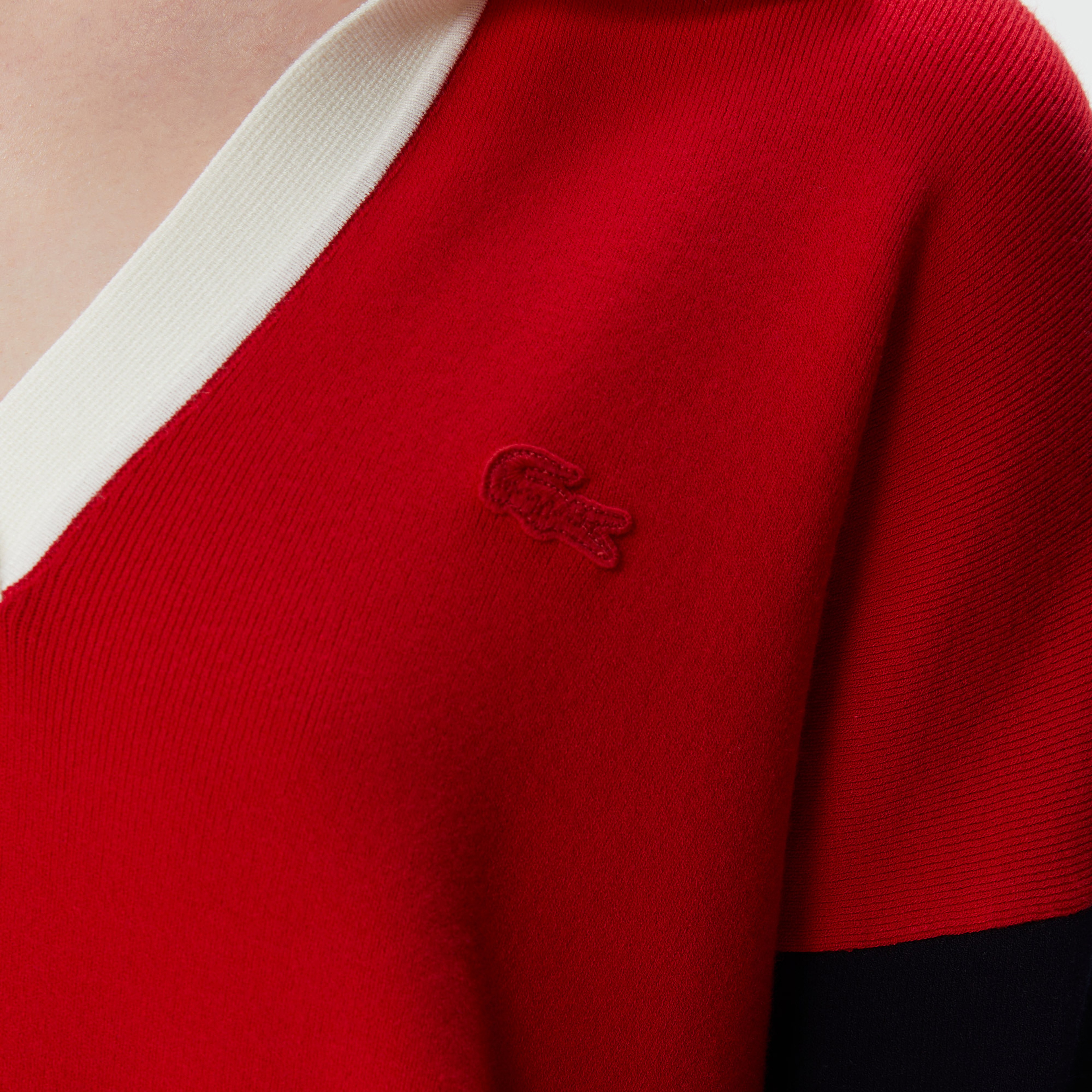 Kadın Regular Fit Polo Yaka Renk Bloklu Kırmızı Kazak