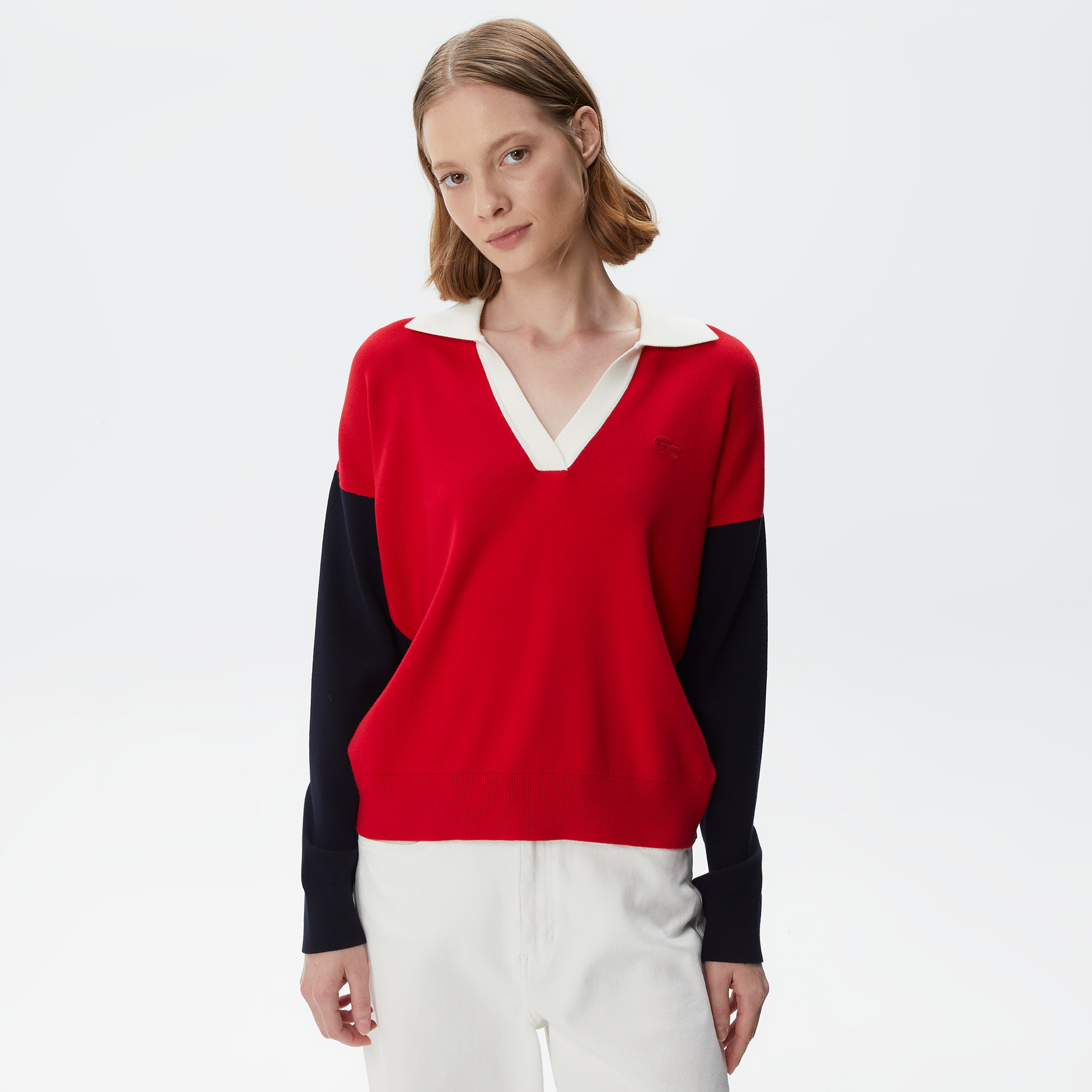 Kadın Regular Fit Polo Yaka Renk Bloklu Kırmızı Kazak