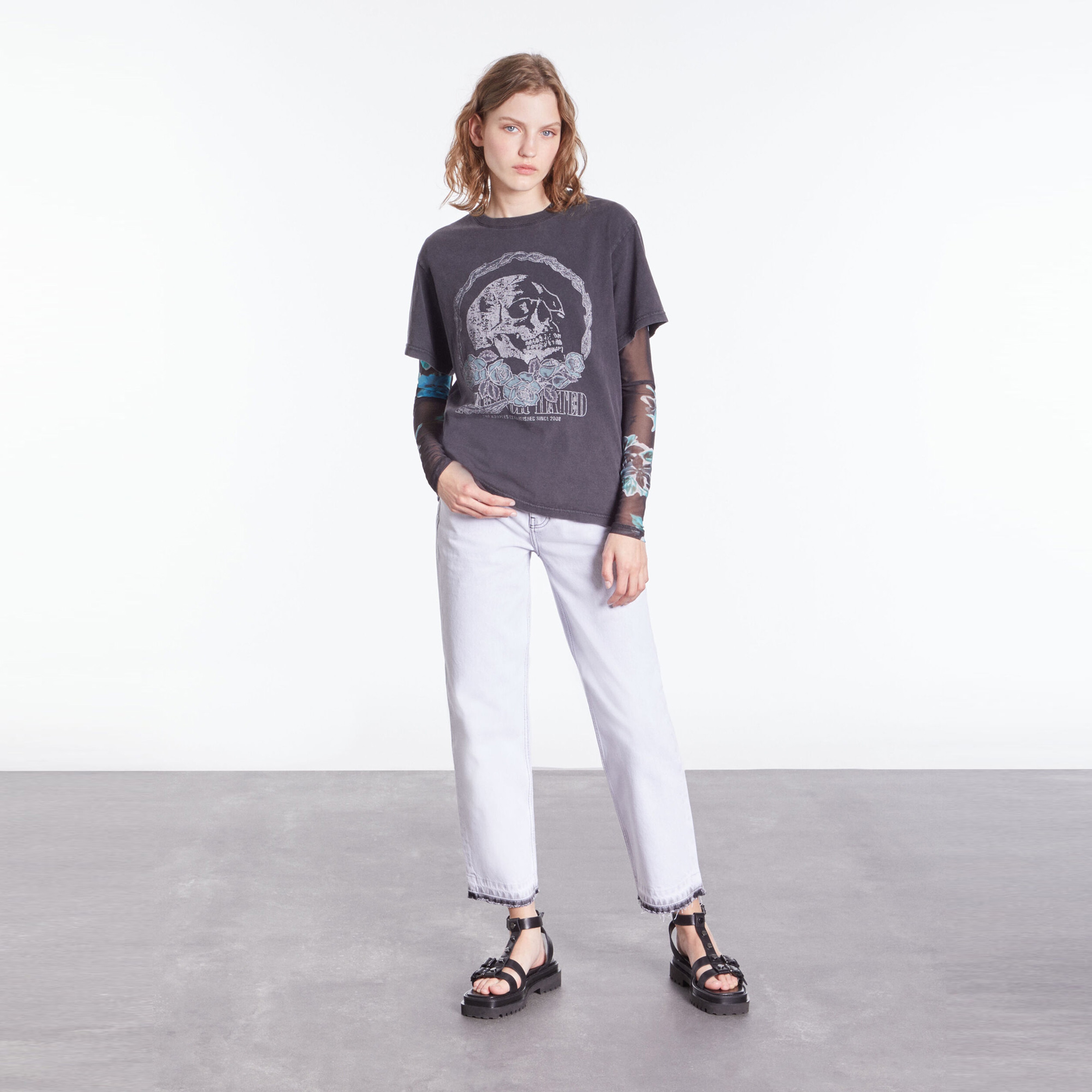 KADIN BİSİKLET YAKA BASKILI SİYAH T-SHIRT