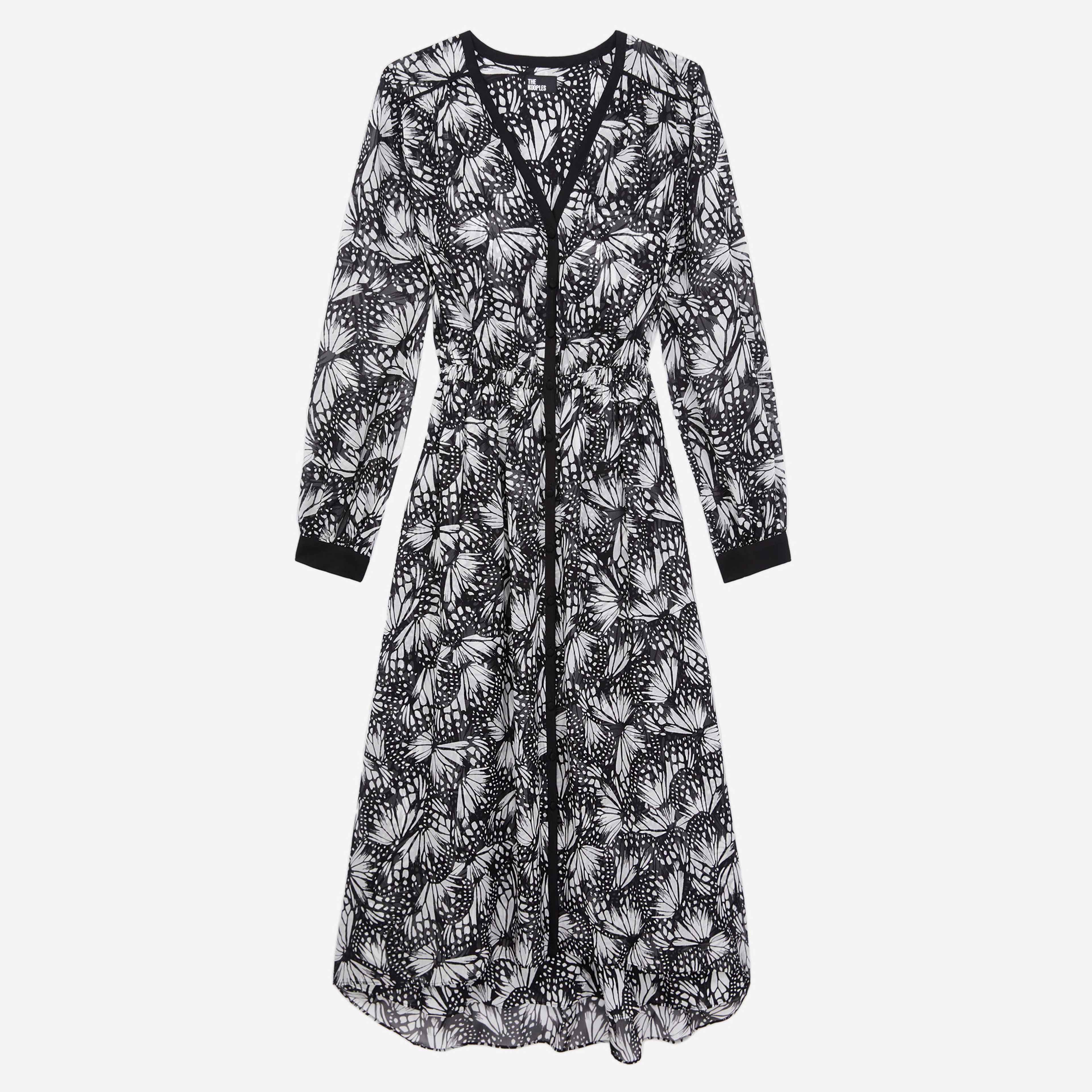 KADIN V YAKA UZUN KOLLU BASKILI SİYAH UZUN ELBİSE