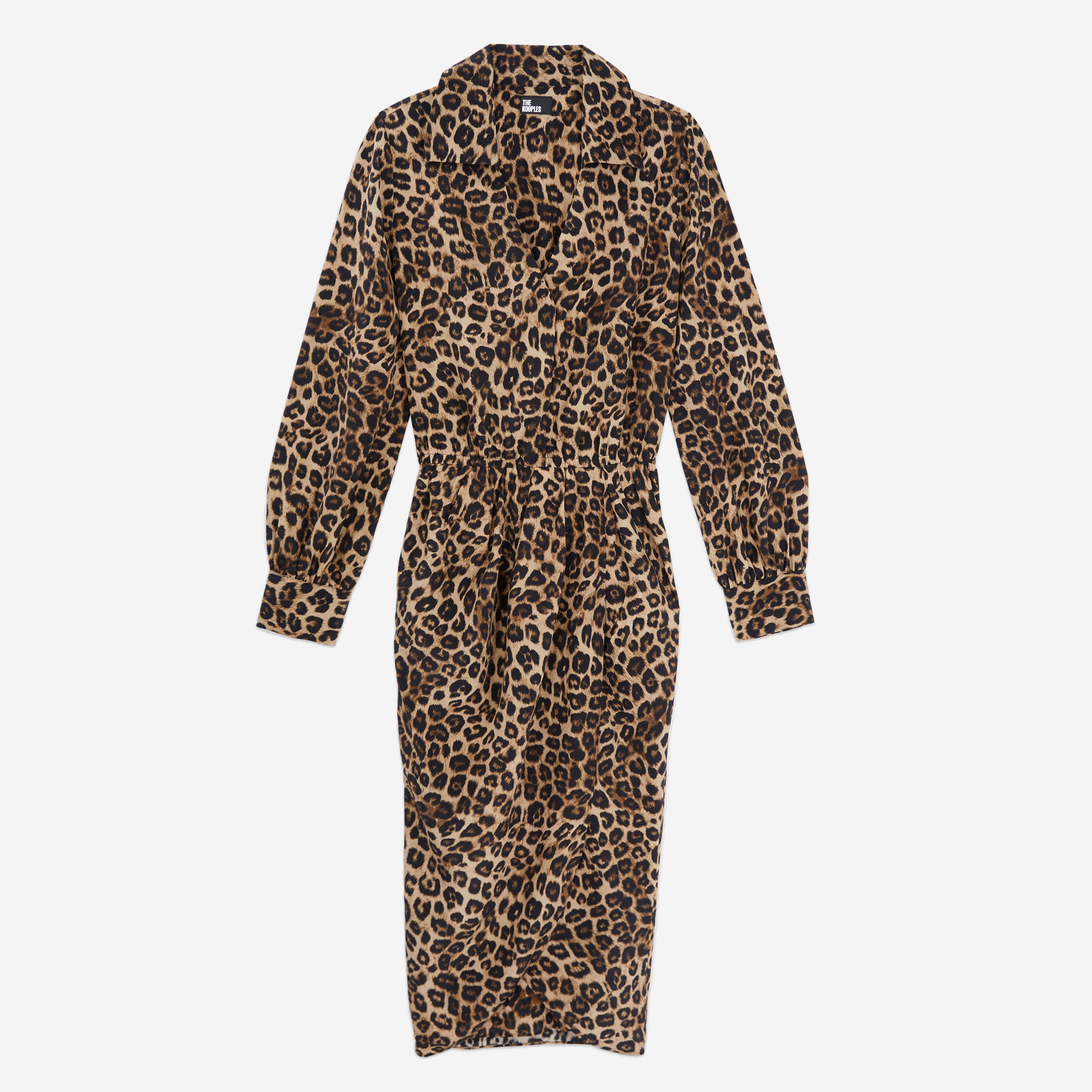 KADIN V YAKA UZUN KOLLU LEOPAR DESENLİ KAHVERENGİ ELBİSE