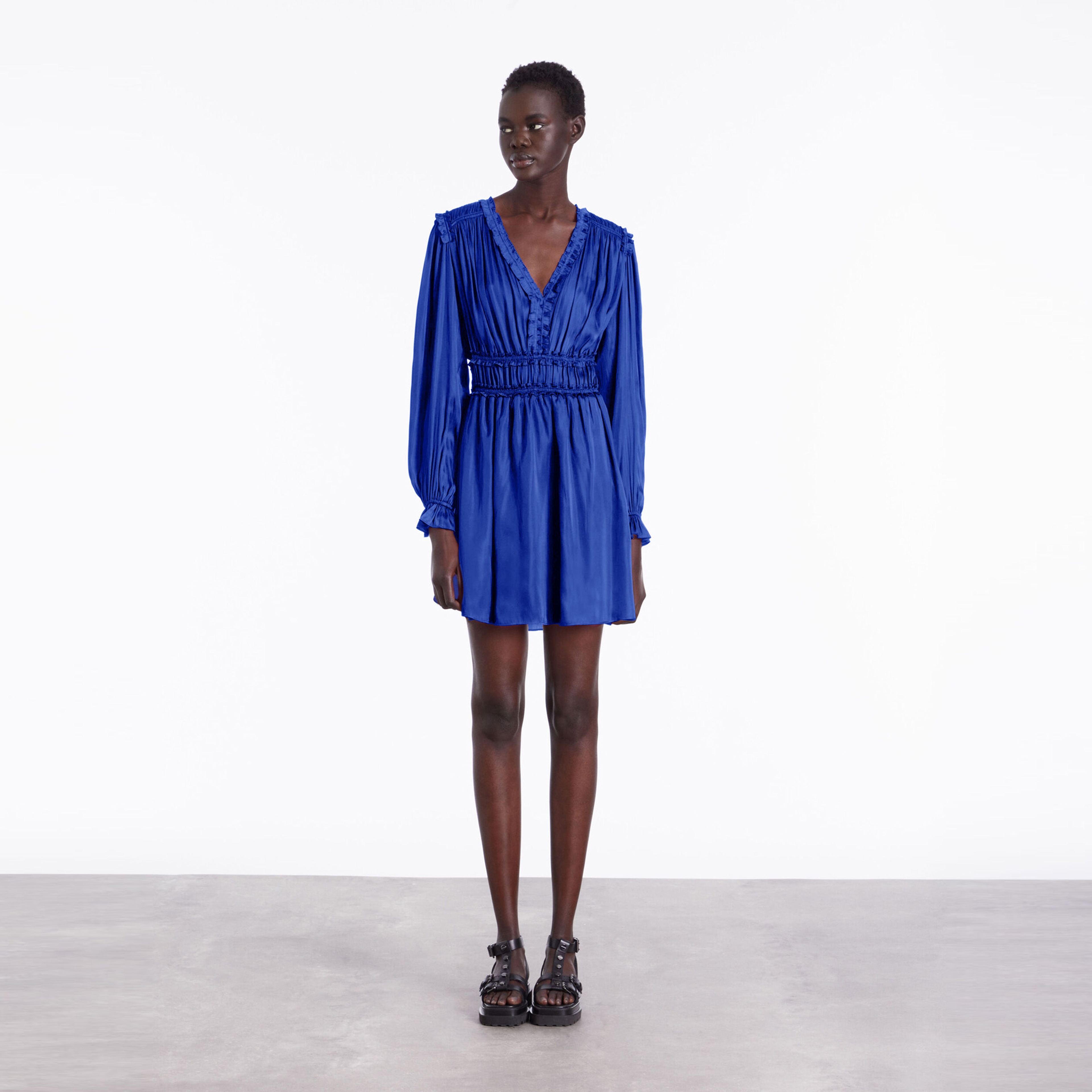 KADIN V YAKA UZUN KOLLU LACİVERT ELBİSE