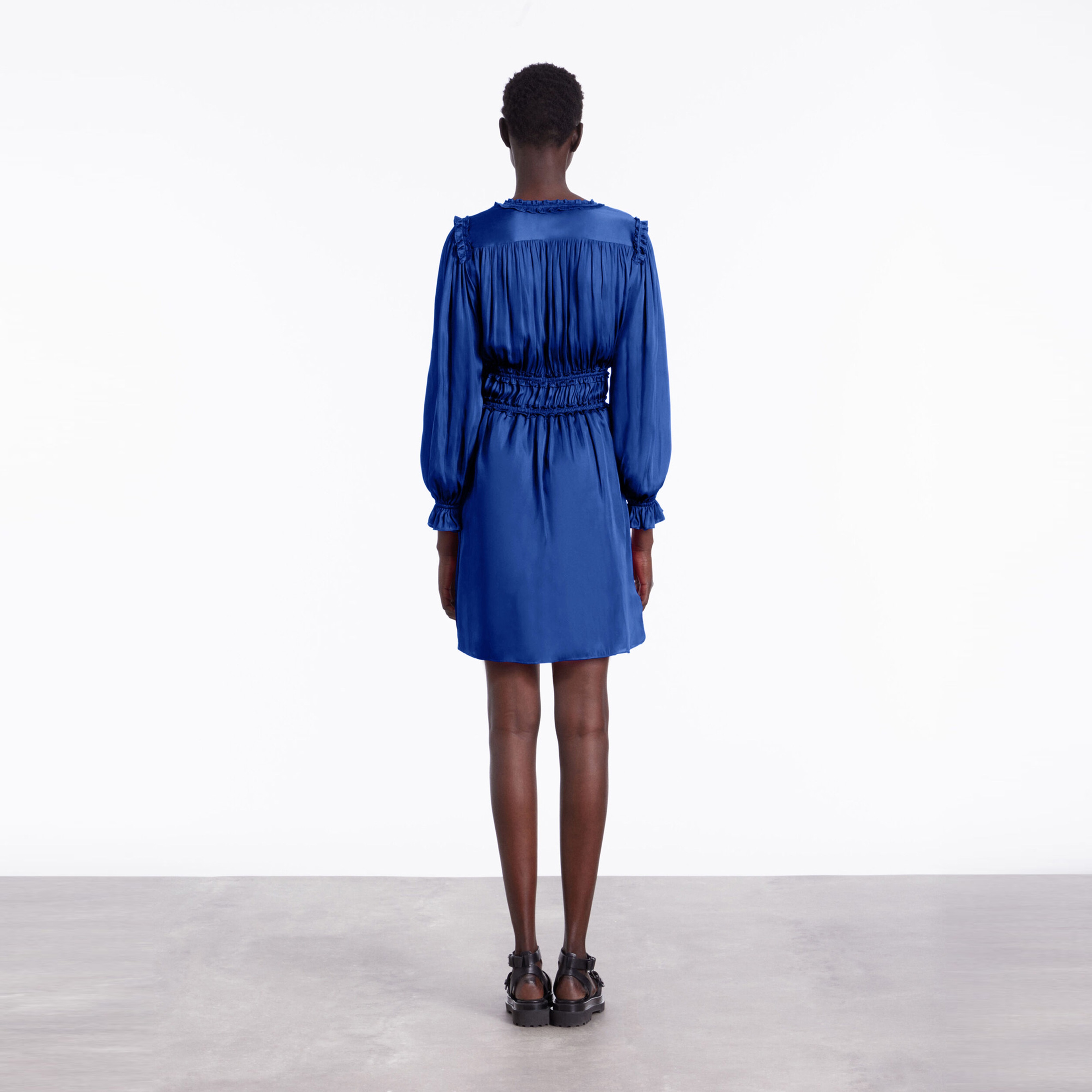 KADIN V YAKA UZUN KOLLU LACİVERT ELBİSE