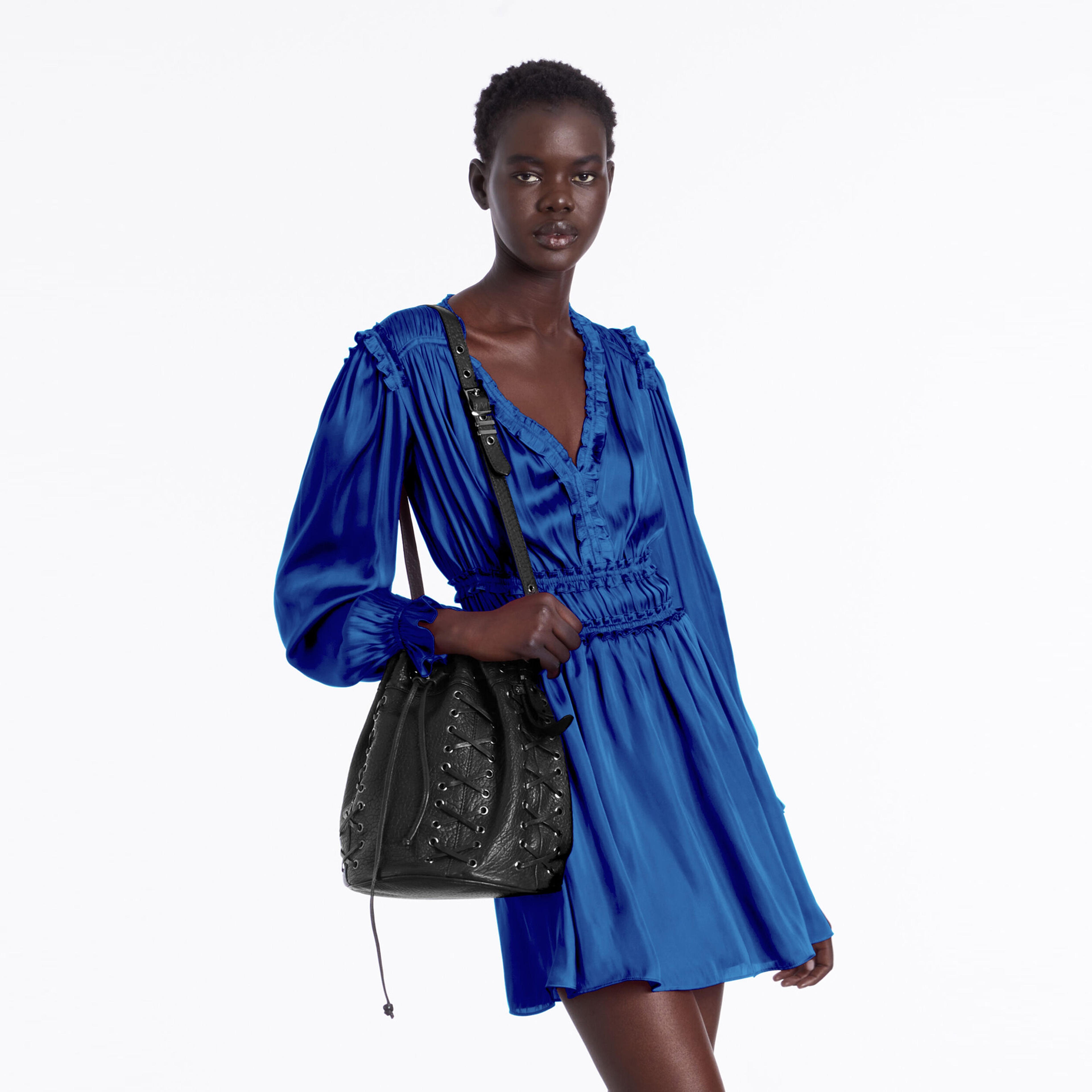 KADIN V YAKA UZUN KOLLU LACİVERT ELBİSE