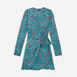 KADIN V YAKA UZUN KOLLU ÇİÇEK DESENLİ PEMBE ELBİSE