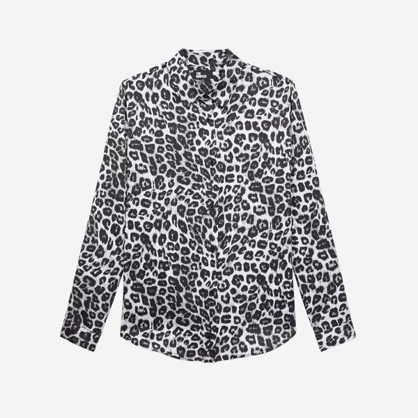 KADIN STRAIGHT FIT LEOPAR DESENLİ SİYAH GÖMLEK