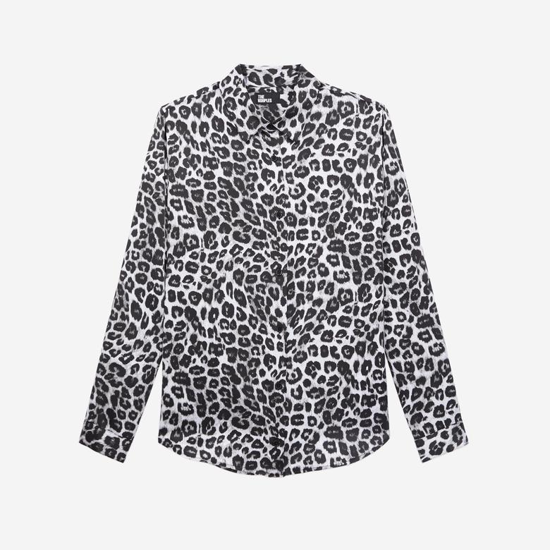KADIN STRAIGHT FIT LEOPAR DESENLİ SİYAH GÖMLEK