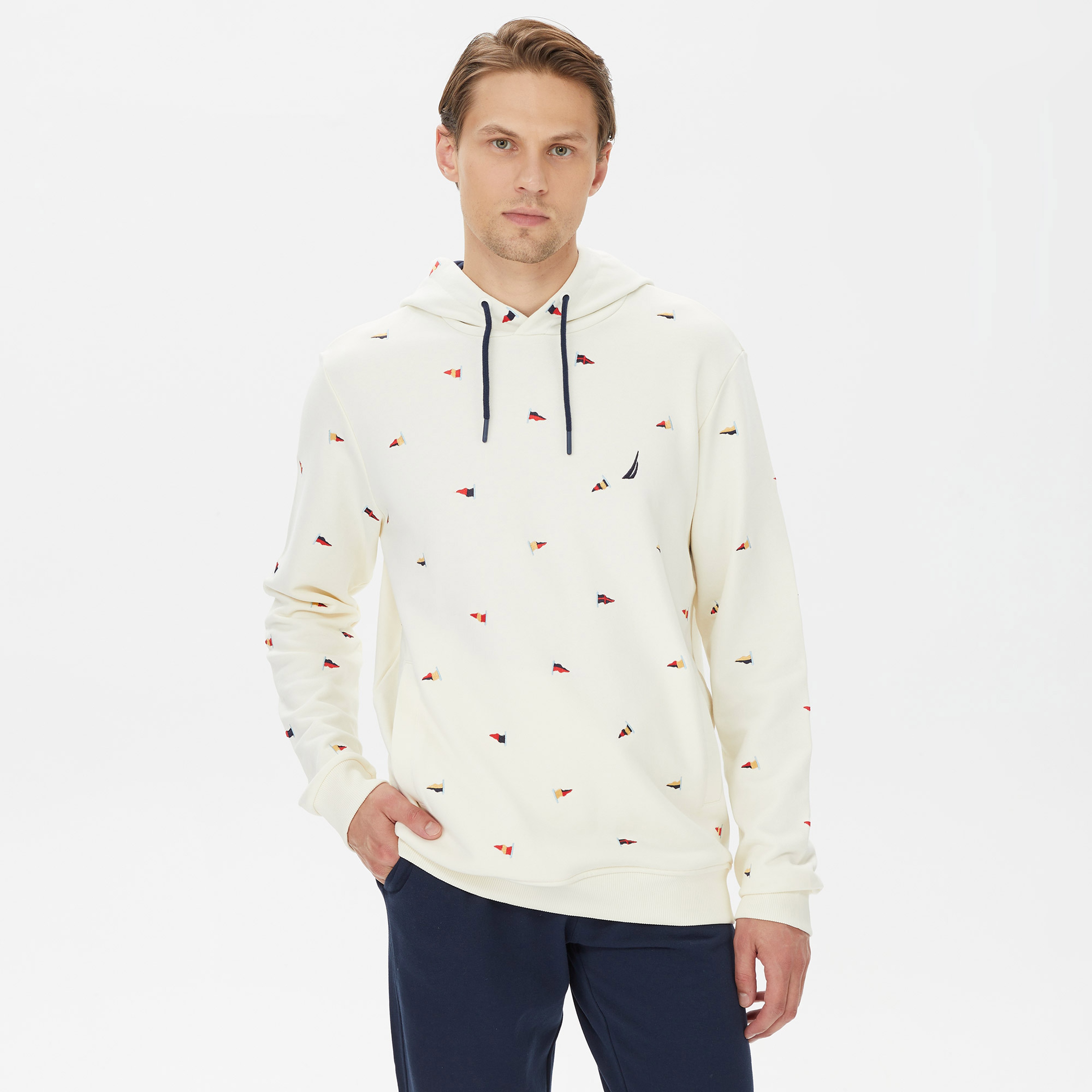 Nautica Erkek Beyaz Standart Fit İşlemeli KapüşonluSweatshirt
