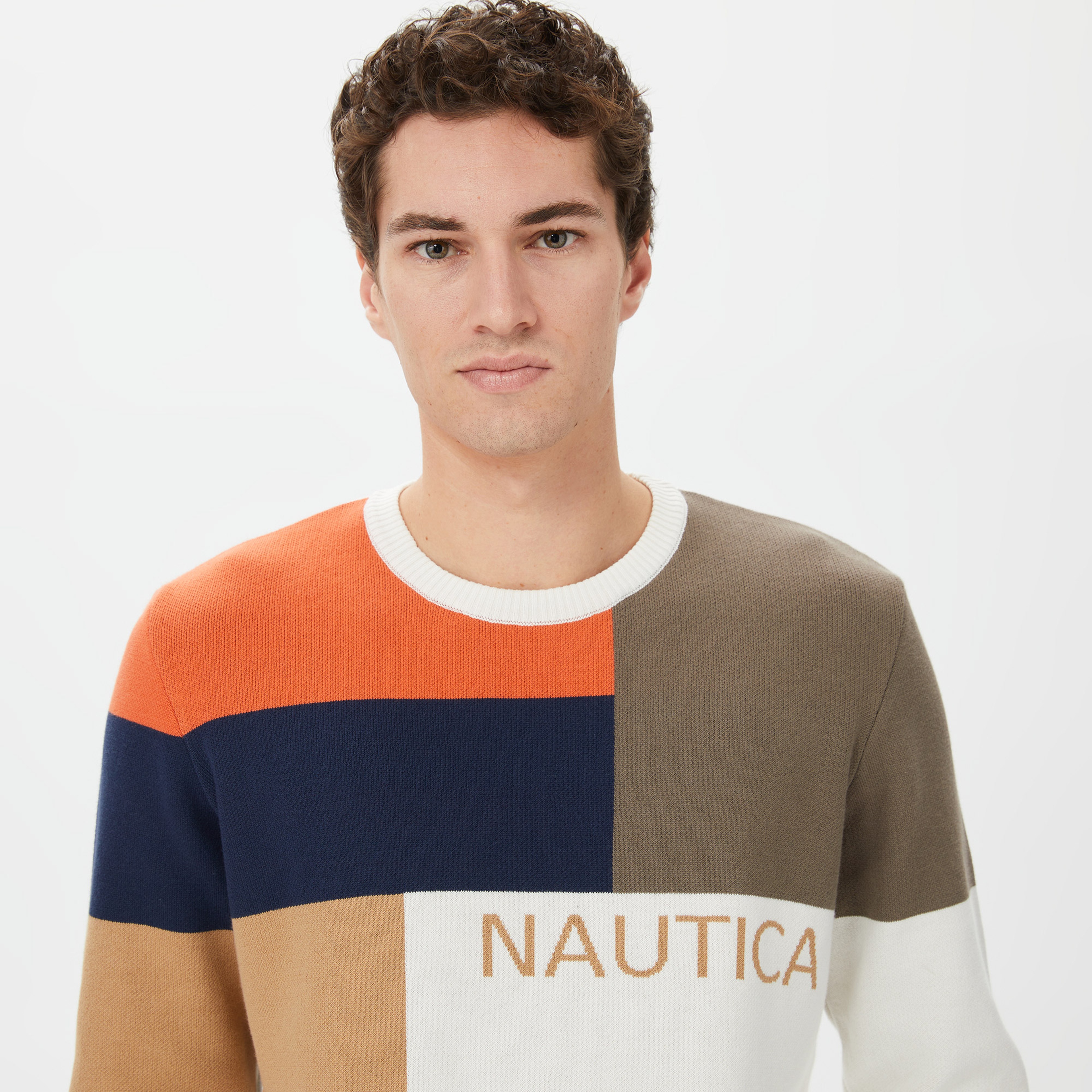 Nautica Erkek Beyaz Standart Fit Renk Bloklu Kazak