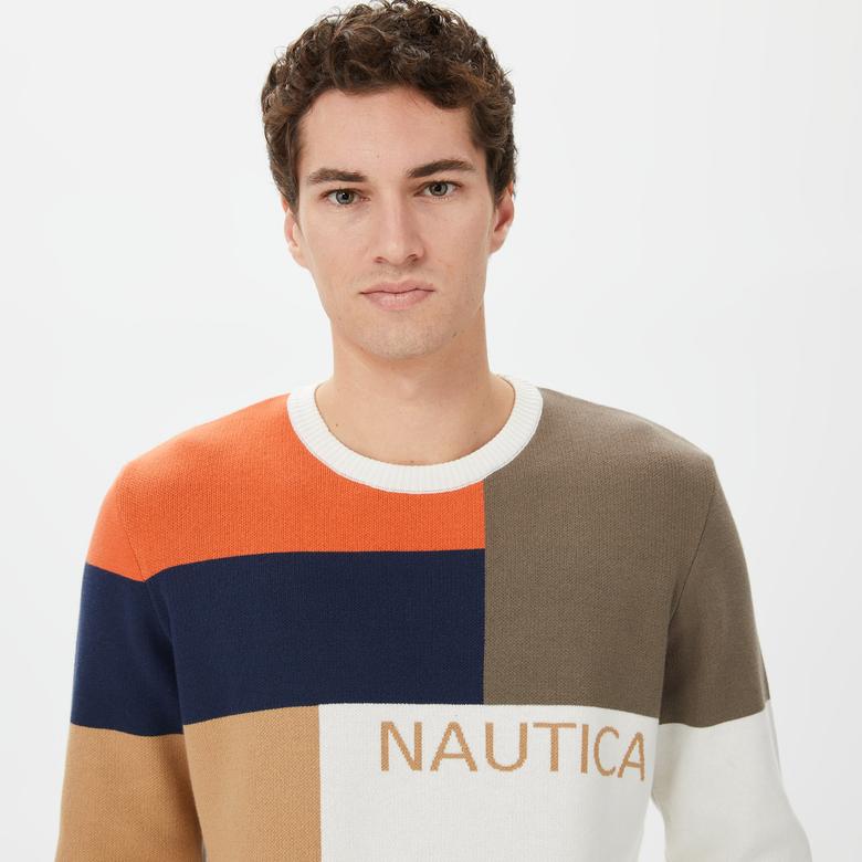 Nautica Erkek Beyaz Standart Fit Renk Bloklu Kazak
