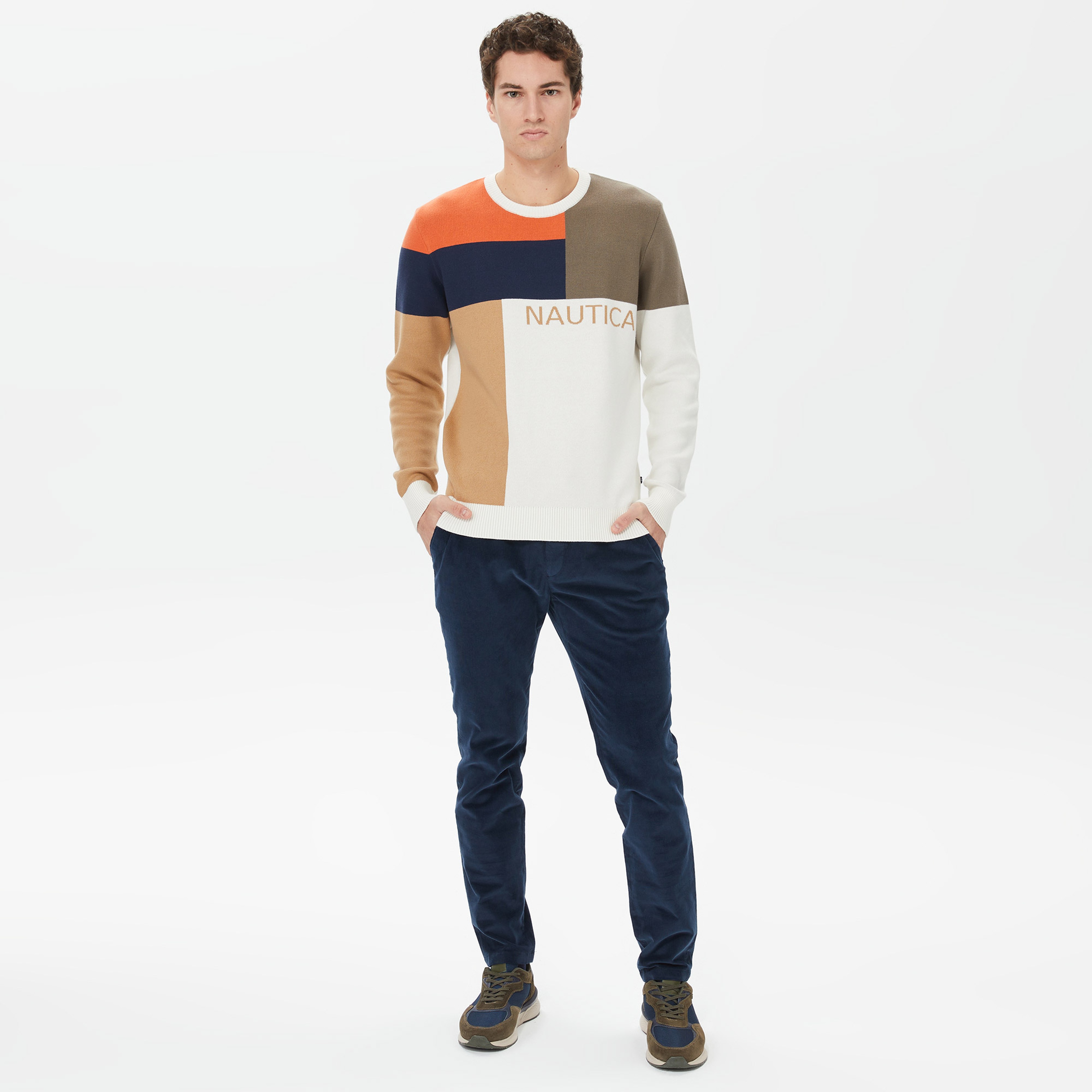 Nautica Erkek Beyaz Standart Fit Renk Bloklu Kazak