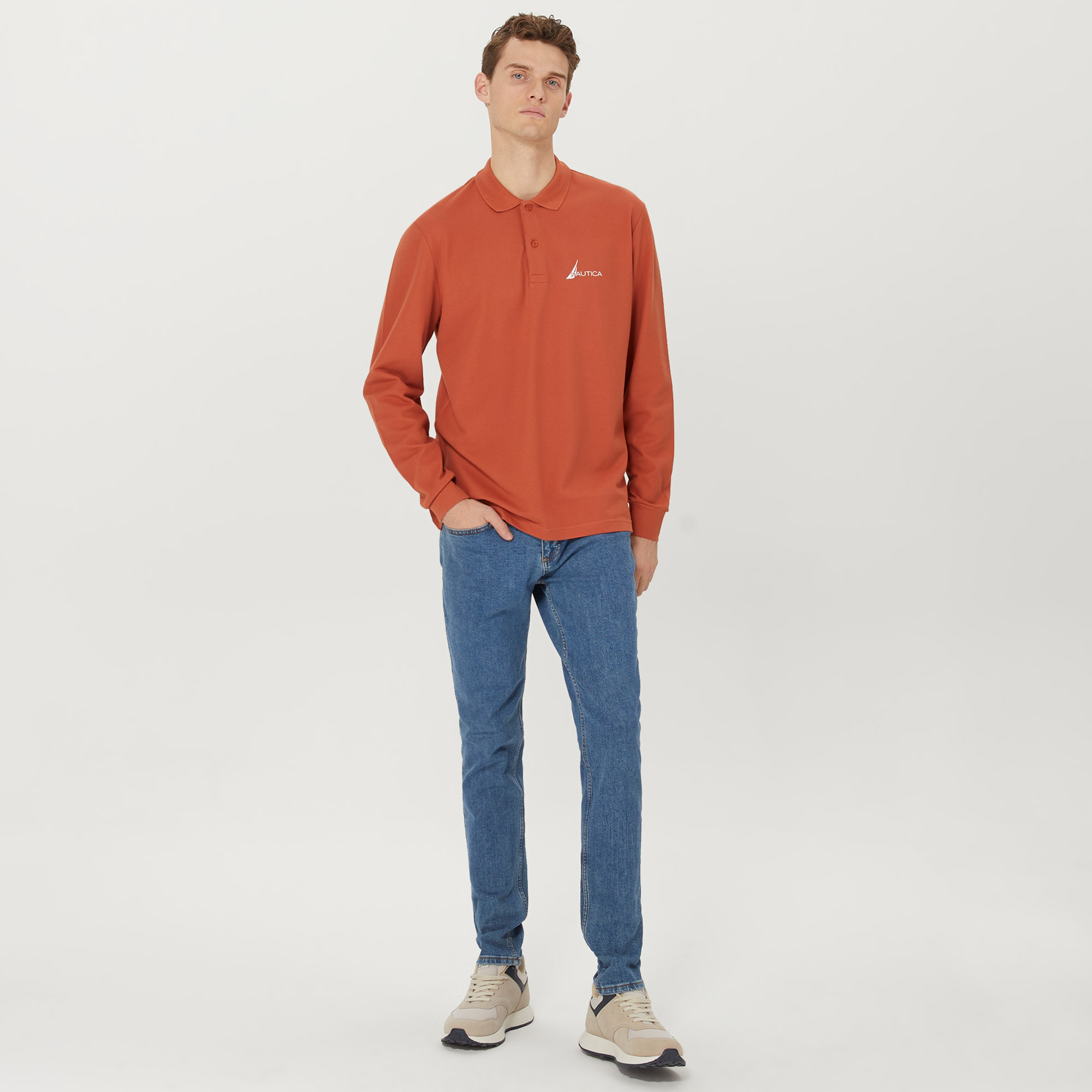 Nautica Erkek Turuncu Classic Fit Uzun Kollu Polo