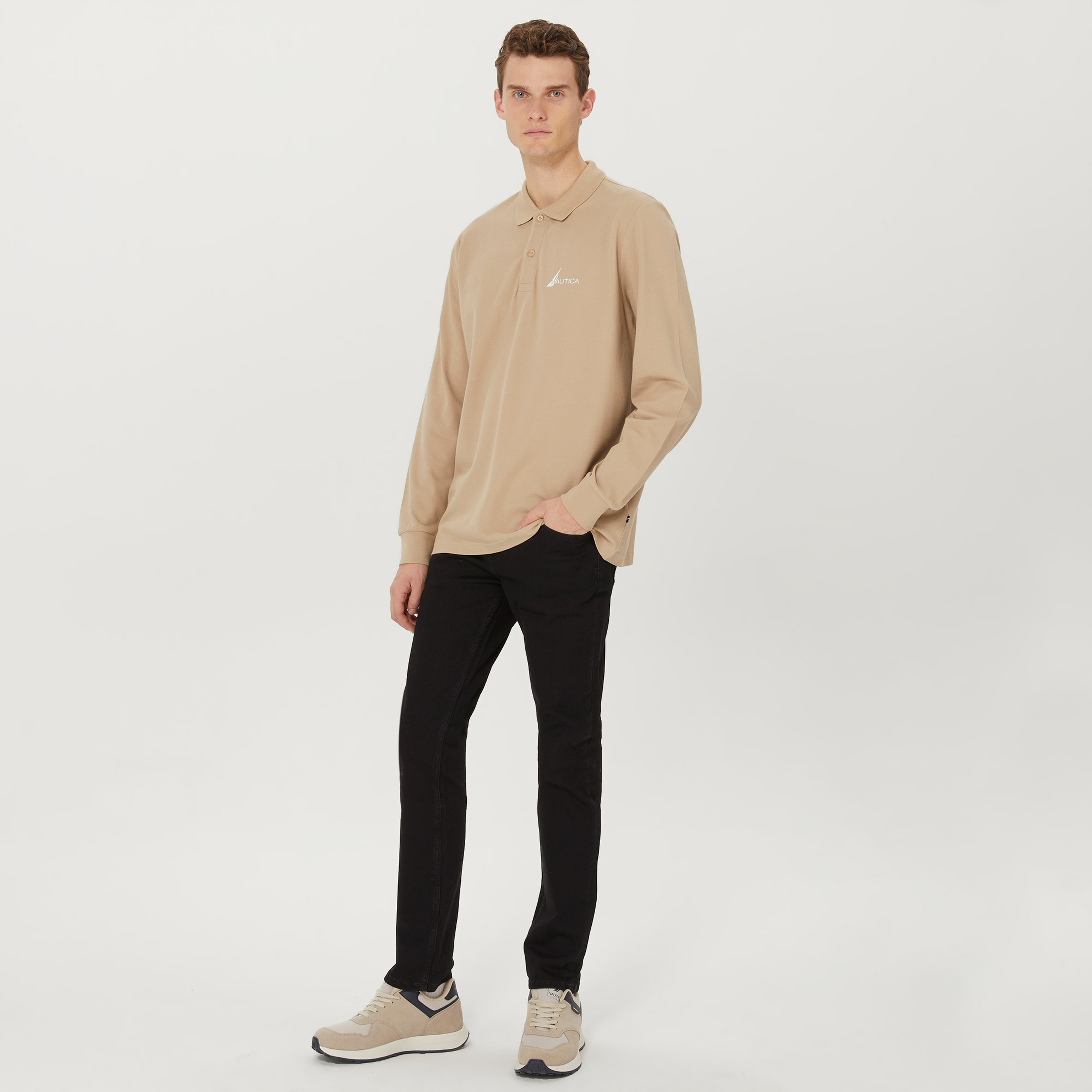 Nautica Erkek Bej Classic Fit Uzun Kollu Polo