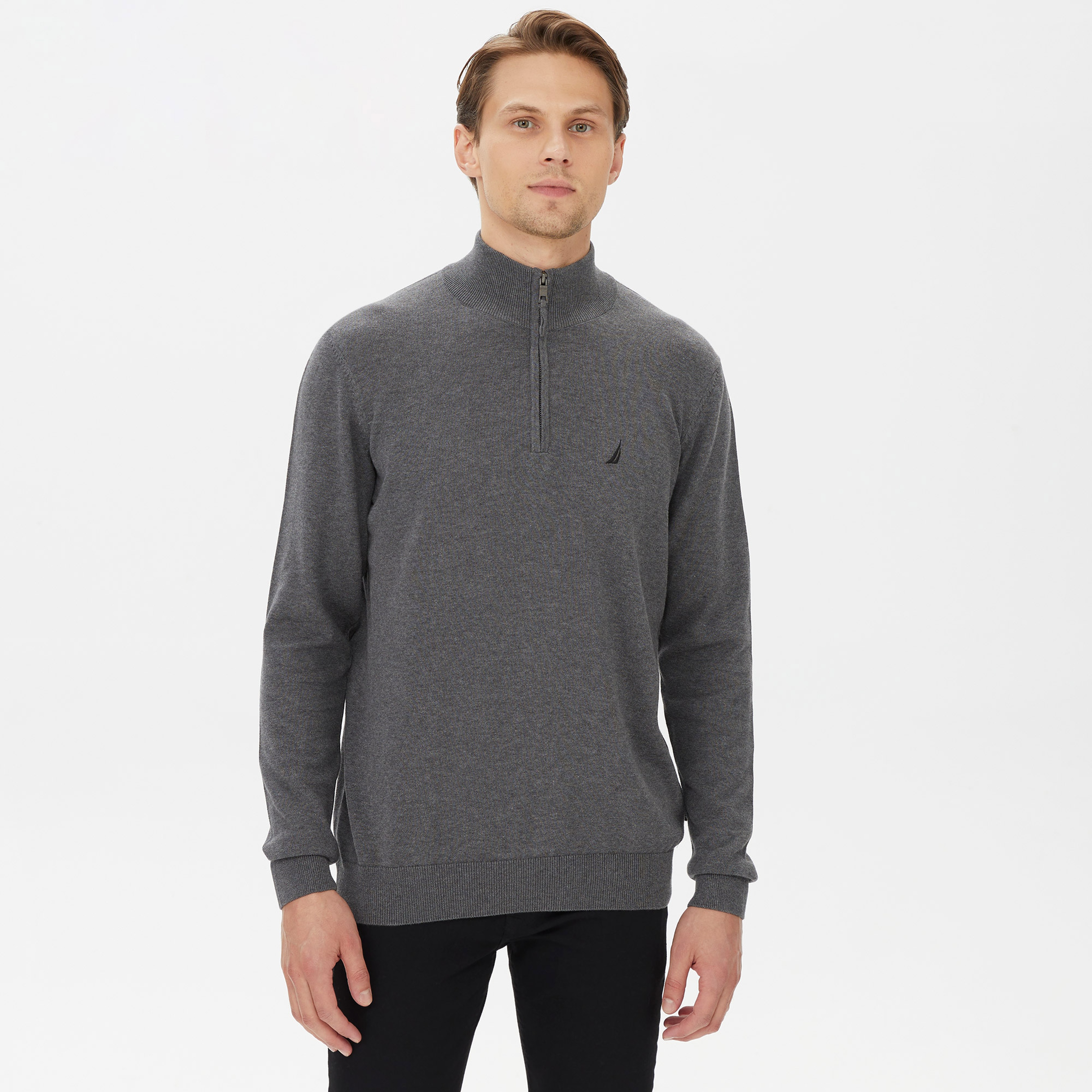 Nautica Erkek Gri Standart Fit Dik Yakalı Kazak