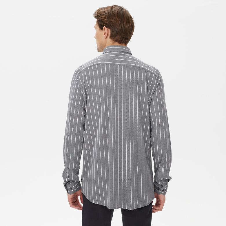 Nautica Erkek Gri Classic Fit Uzun Kollu Çizgili Gömlek