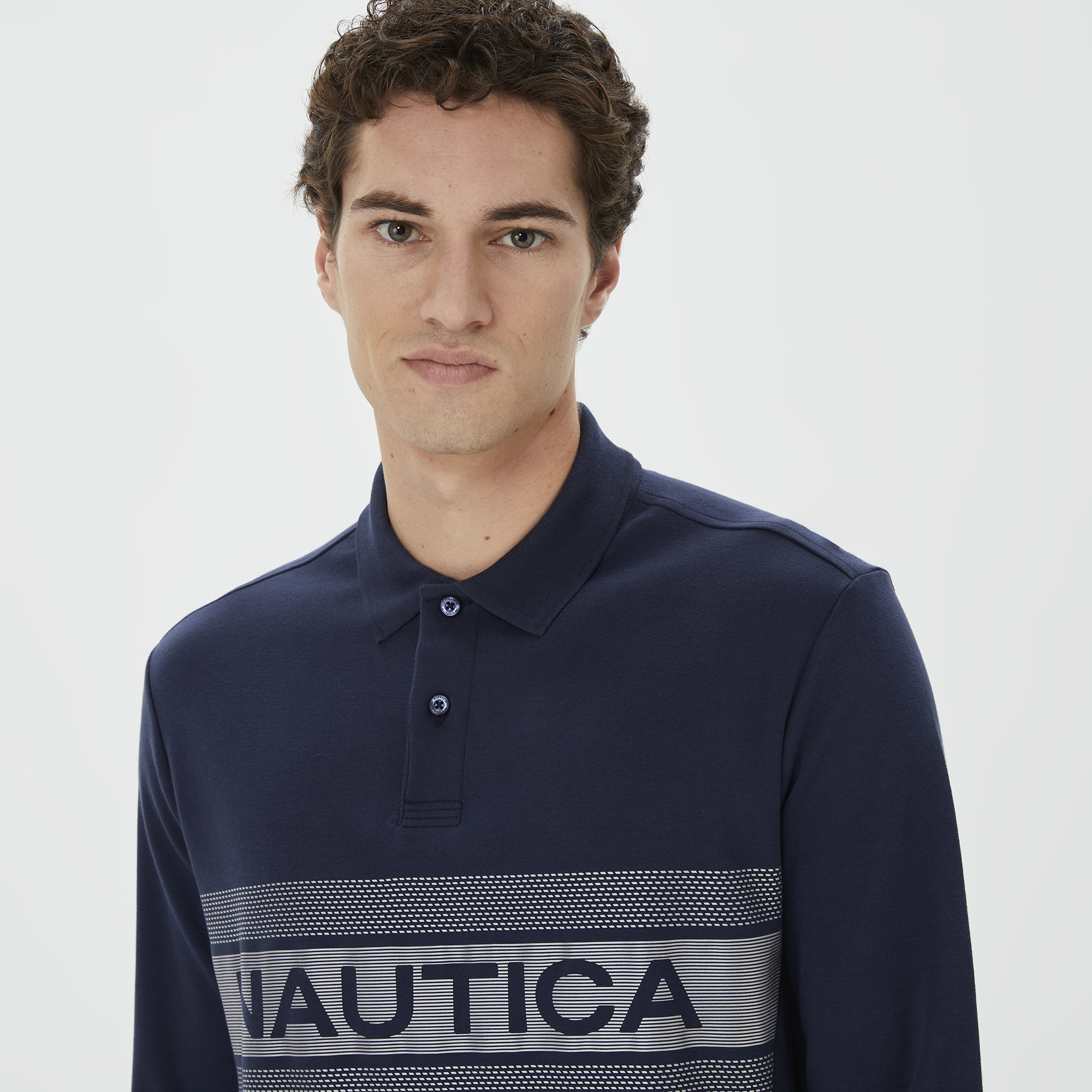 Nautica Erkek Lacivert Slim Fit Uzun Kollu Baskılı Polo Yaka T-Shirt