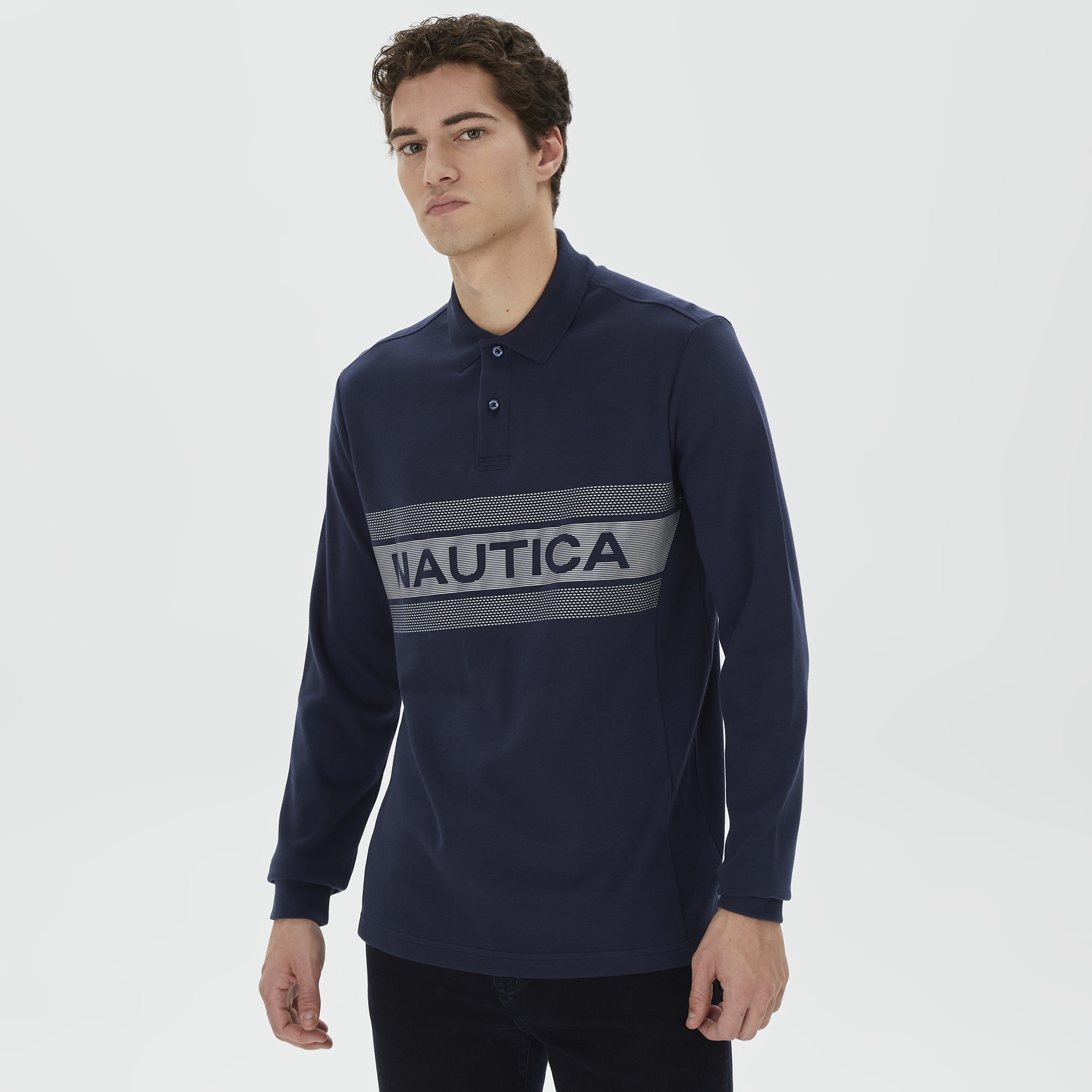 Nautica Erkek Lacivert Slim Fit Uzun Kollu Baskılı Polo Yaka T-Shirt