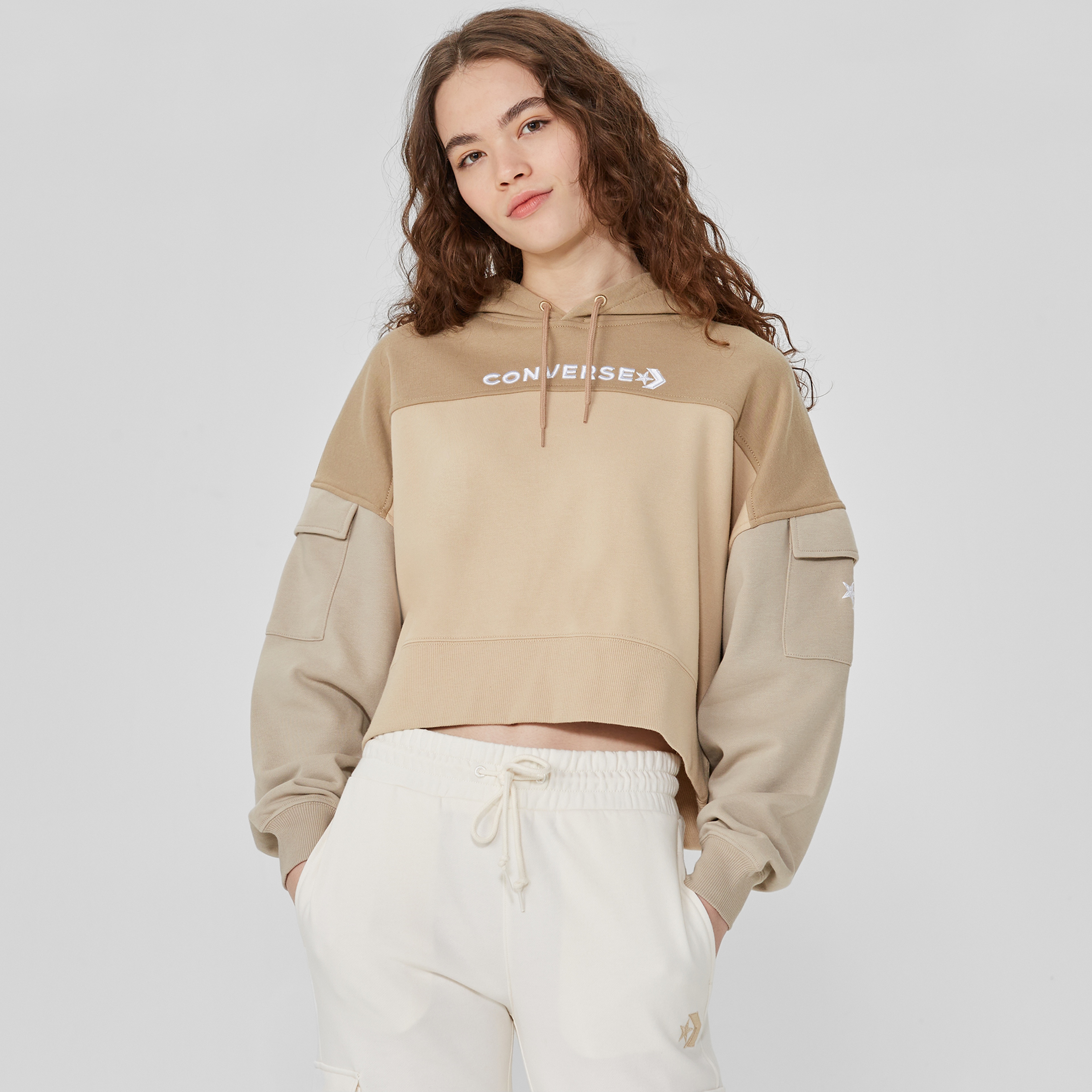 Converse Fashion Crop  Kadın Krem Hoodie