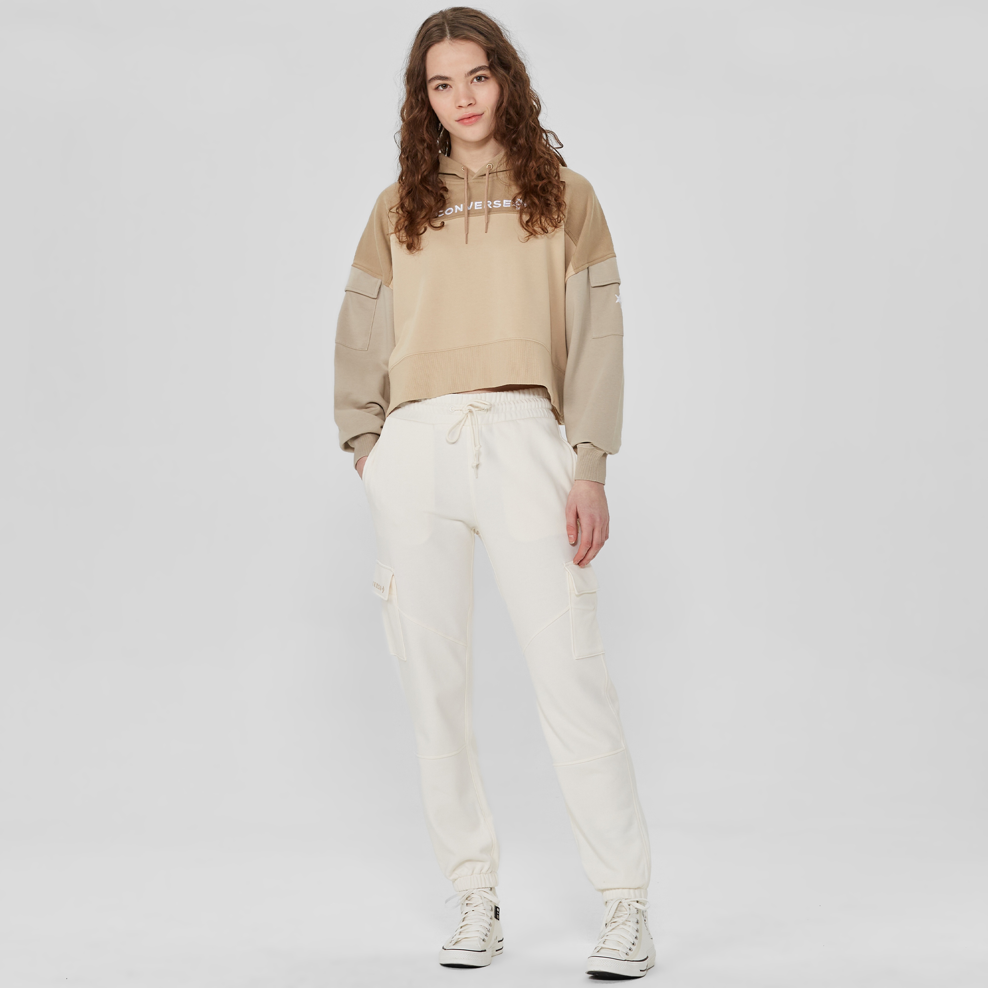 Converse Fashion Crop  Kadın Krem Hoodie