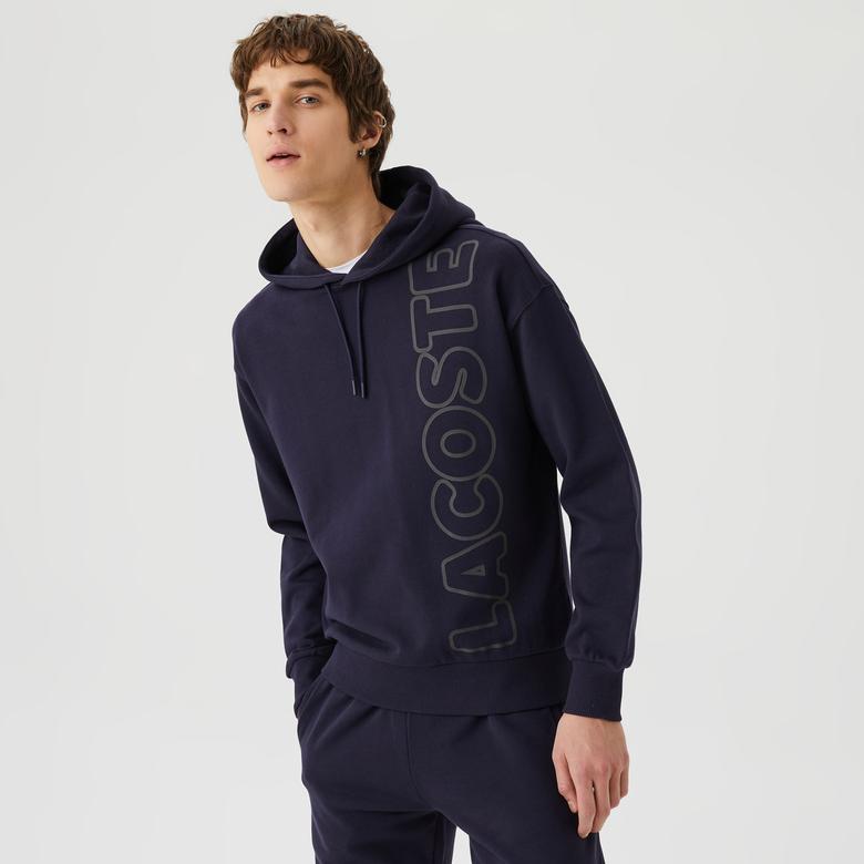 Unisex Relax Fit Kapüşonlu Baskılı Lacivert Sweatshirt