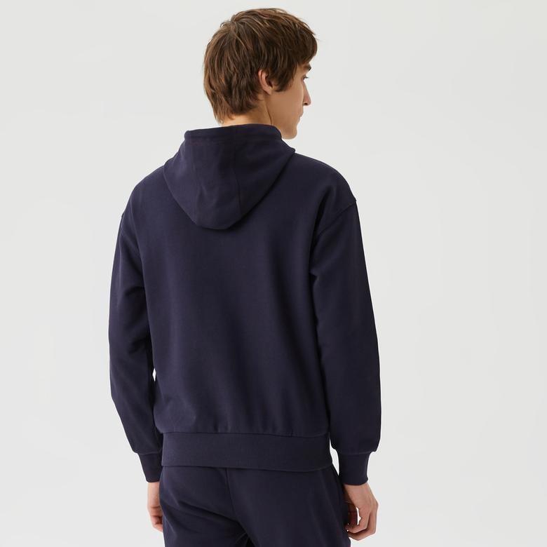 Unisex Relax Fit Kapüşonlu Baskılı Lacivert Sweatshirt