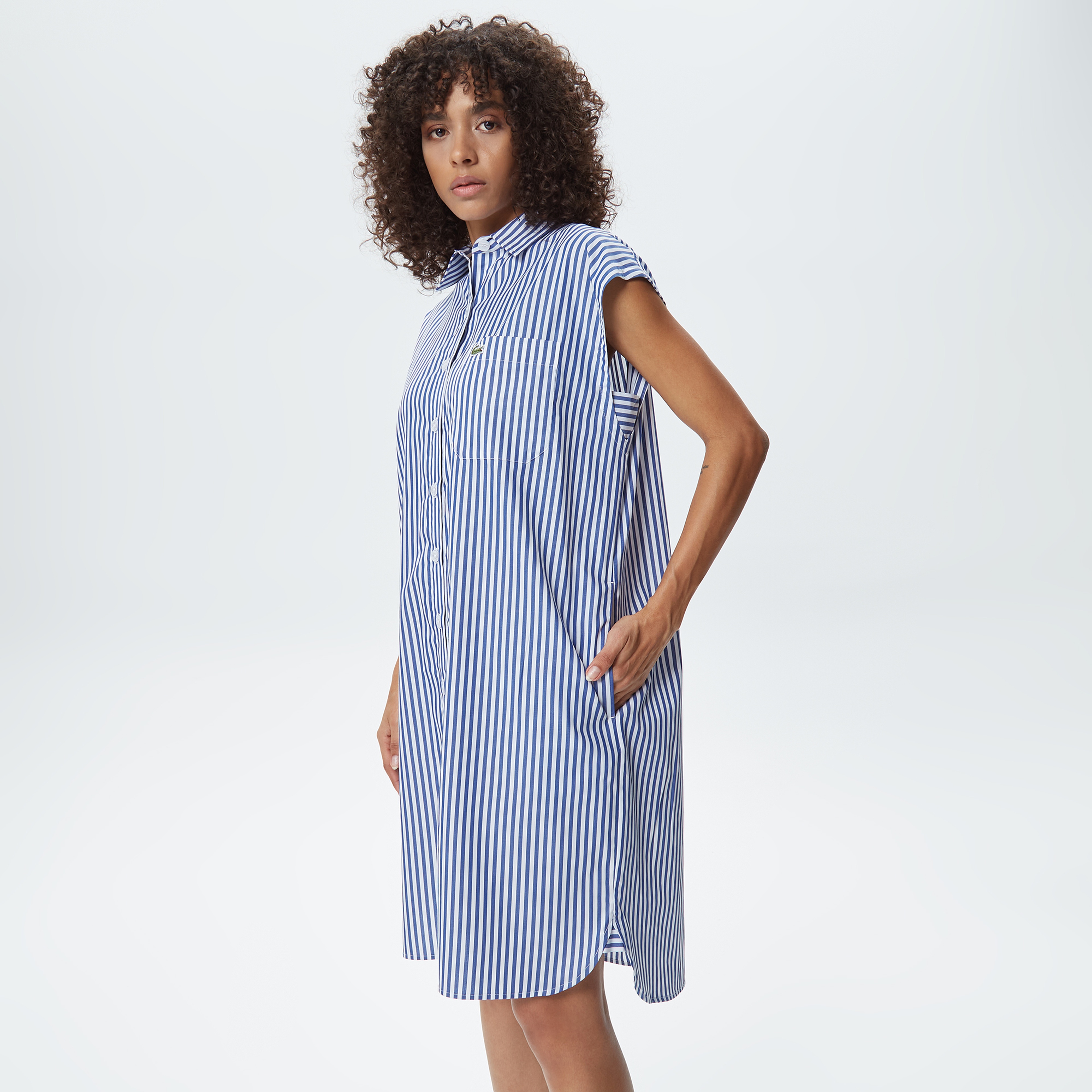 Kadın Loose Fit Kolsuz Gömlek Yaka Çizgili Beyaz Elbise