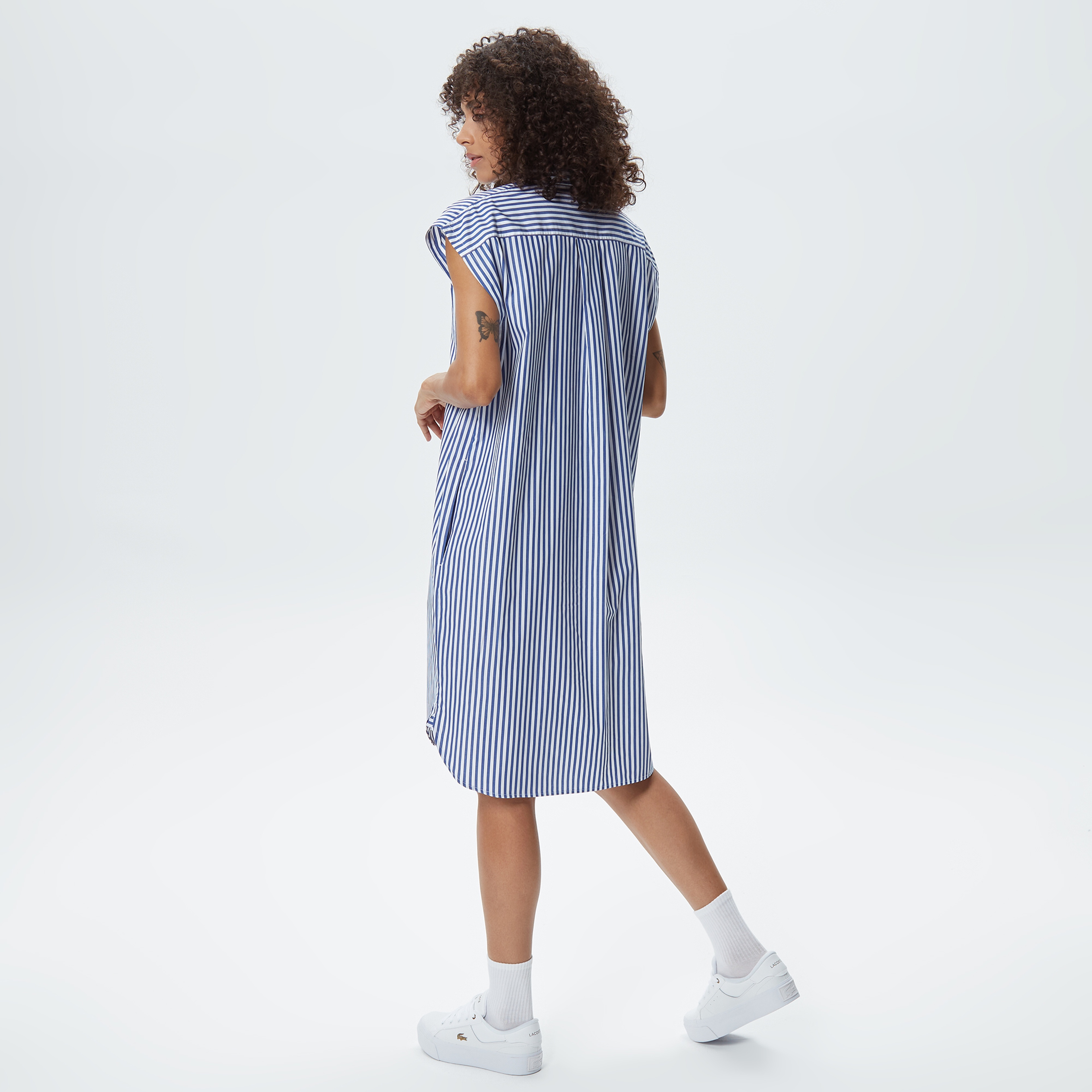 Kadın Loose Fit Kolsuz Gömlek Yaka Çizgili Beyaz Elbise