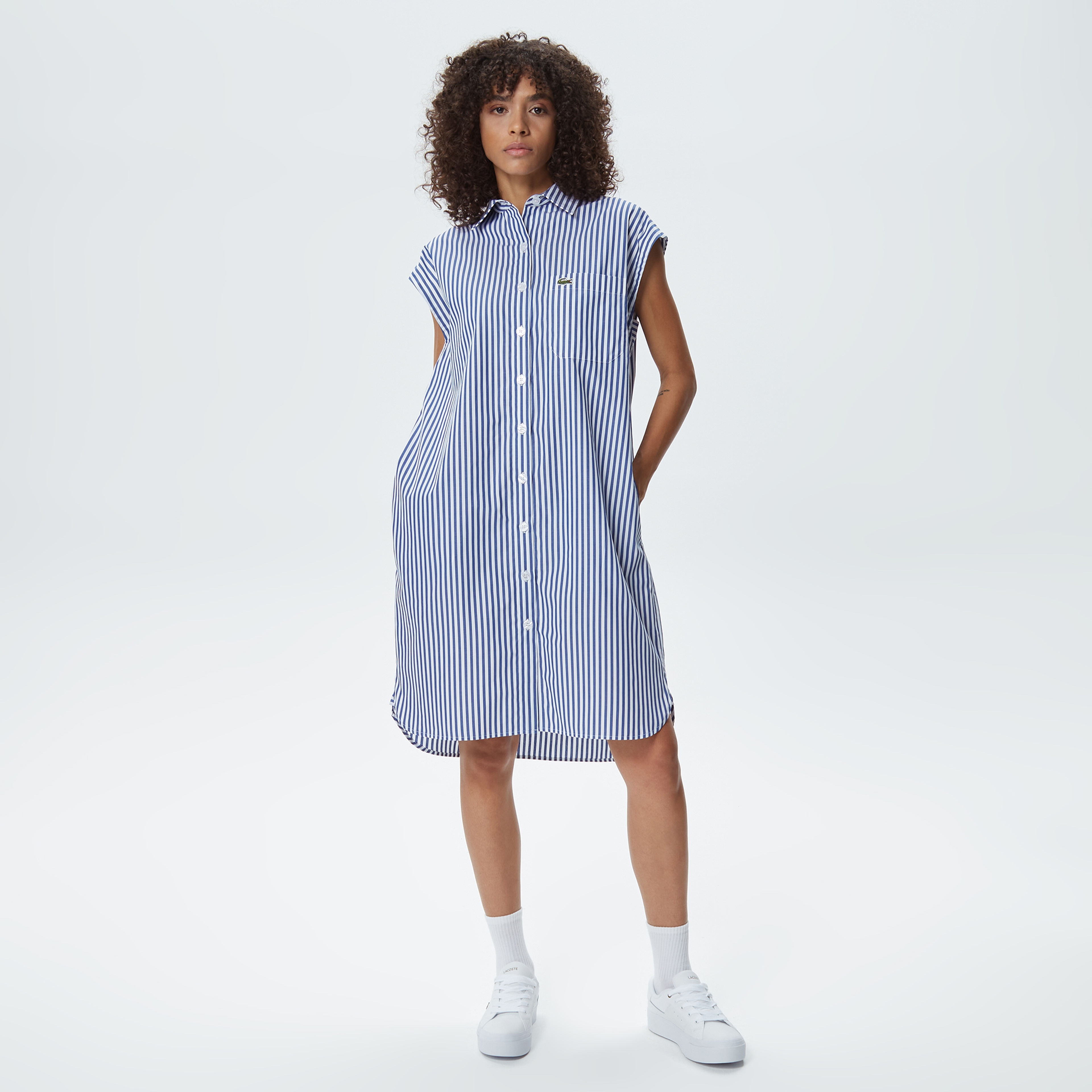 Kadın Loose Fit Kolsuz Gömlek Yaka Çizgili Beyaz Elbise