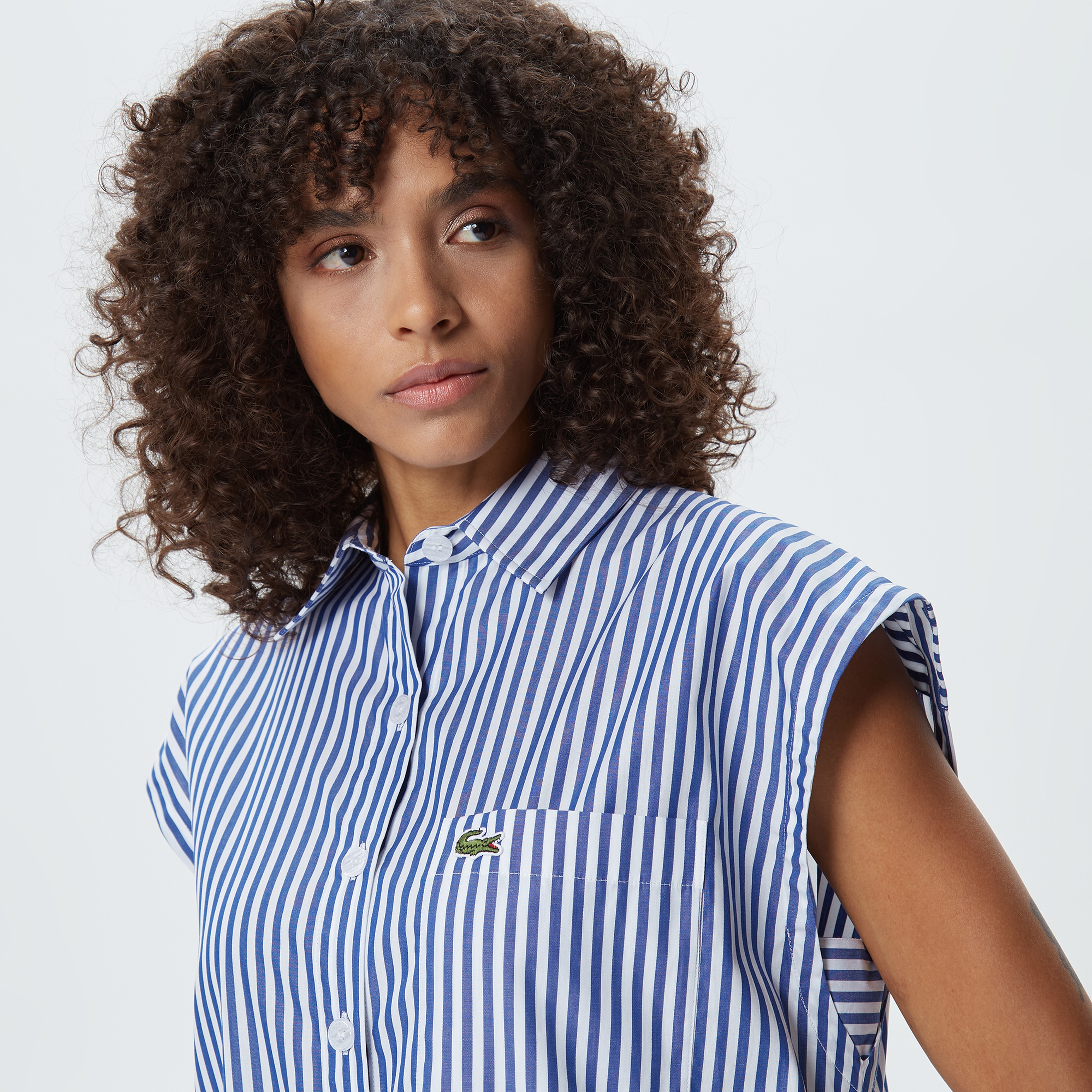 Kadın Loose Fit Kolsuz Gömlek Yaka Çizgili Beyaz Elbise