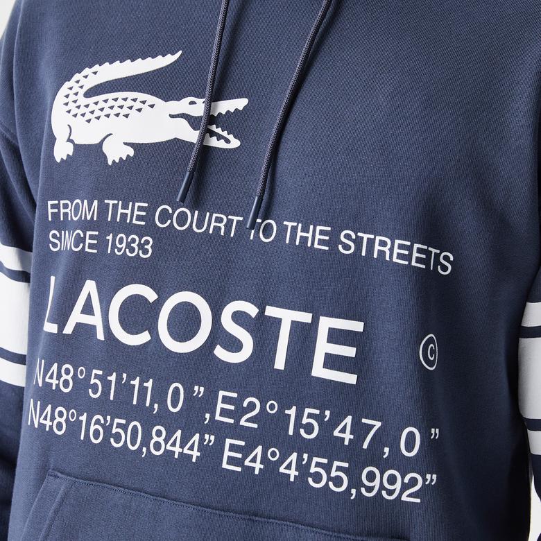 Erkek Relaxed Fit Kapüşonlu Baskılı Lacivert Sweatshirt