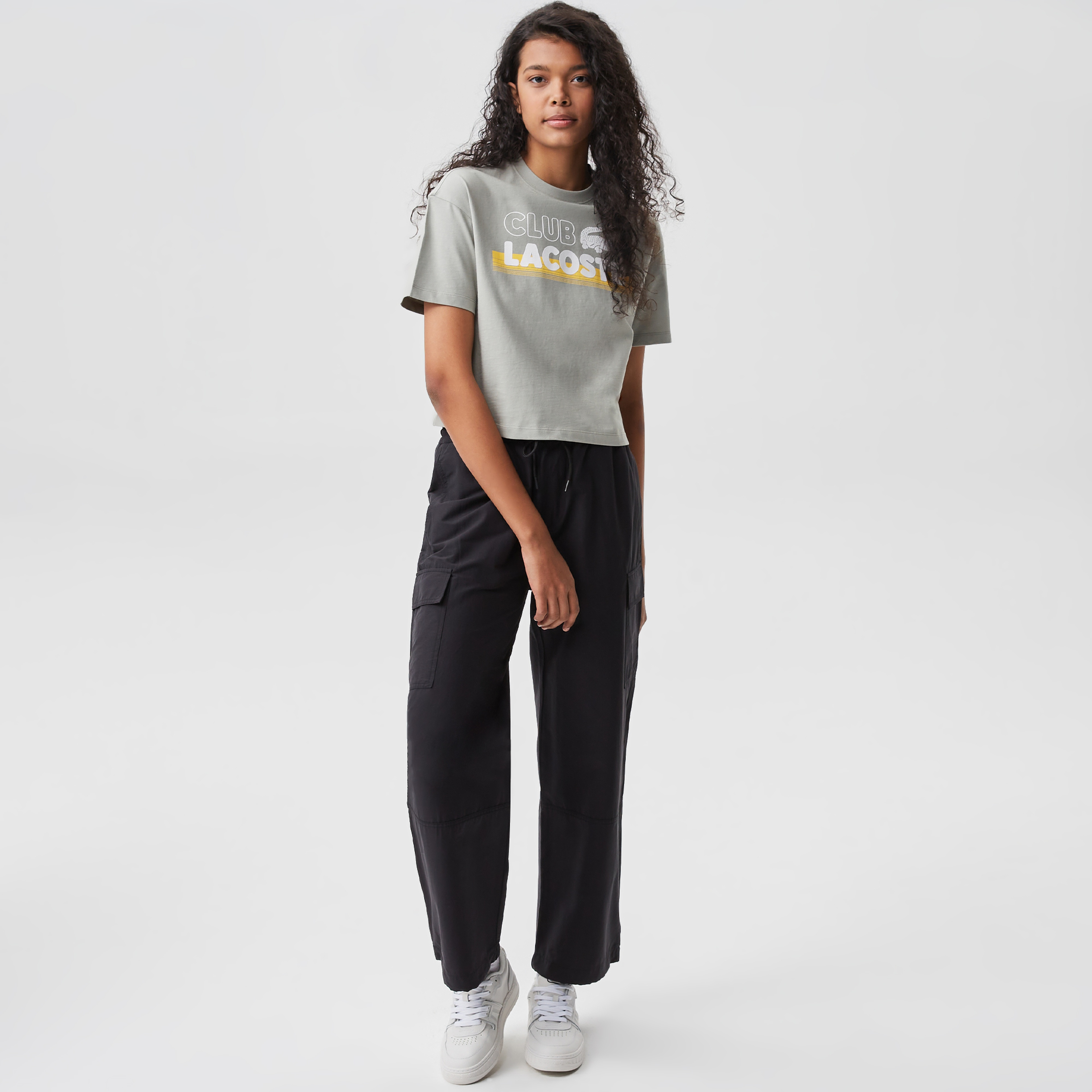 Kadın Crop Fit Bisiklet Yaka Baskılı Yeşil T-Shirt