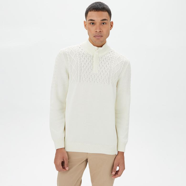 Nautica Erkek Beyaz Standart Fit Desenli Dik Yakalı Triko