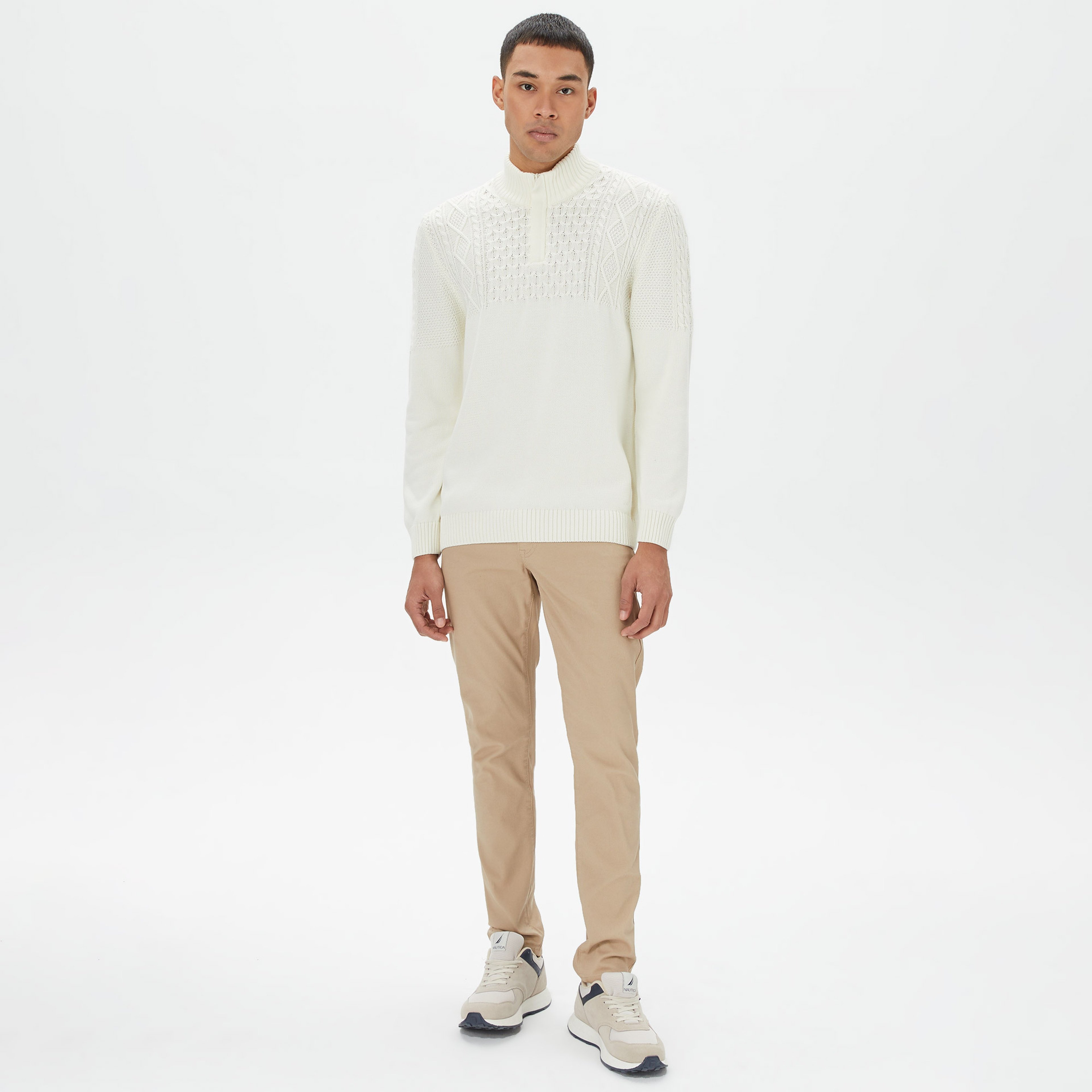 Nautica Erkek Beyaz Standart Fit Desenli Dik Yakalı Triko