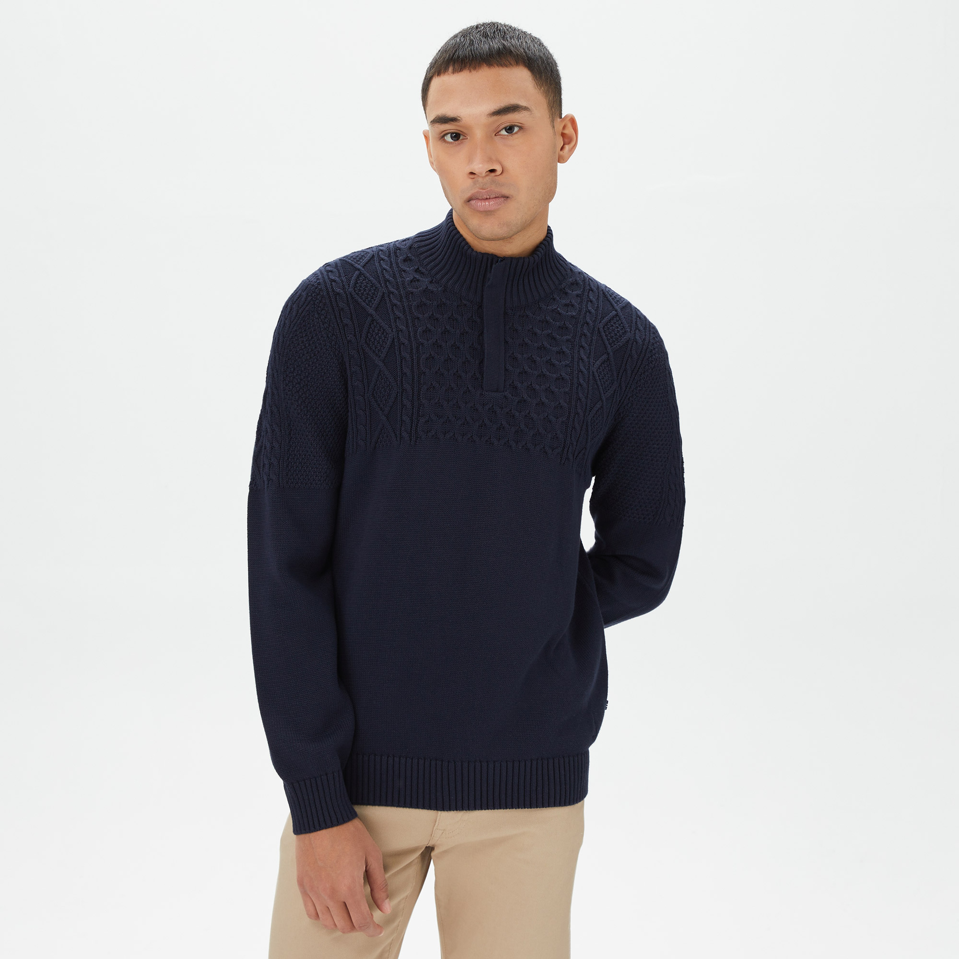 Nautica Erkek Lacivert Standart Fit Desenli Dik Yakalı Triko