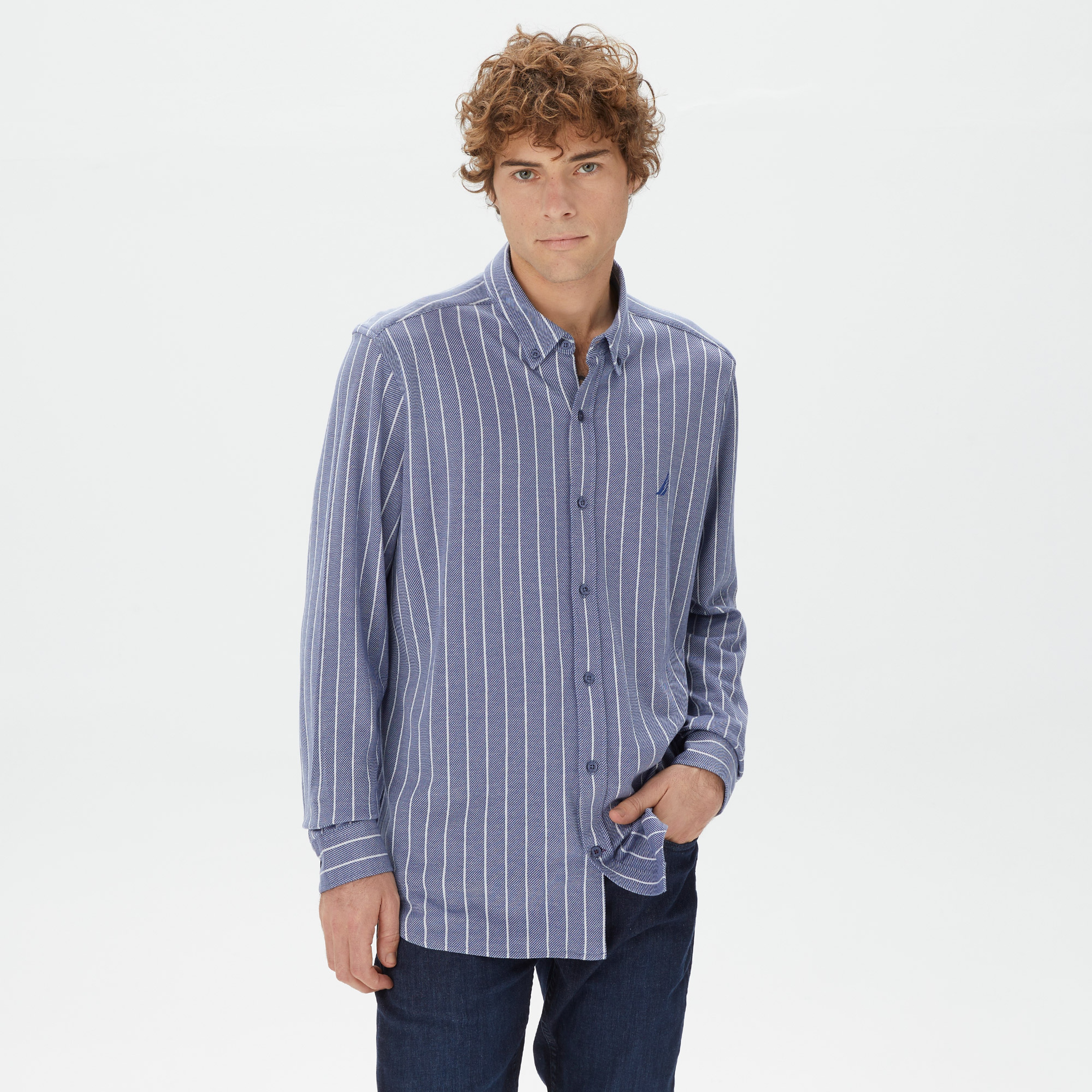 Nautica Erkek Mavi Classic Fit Uzun Kollu Çizgili Gömlek