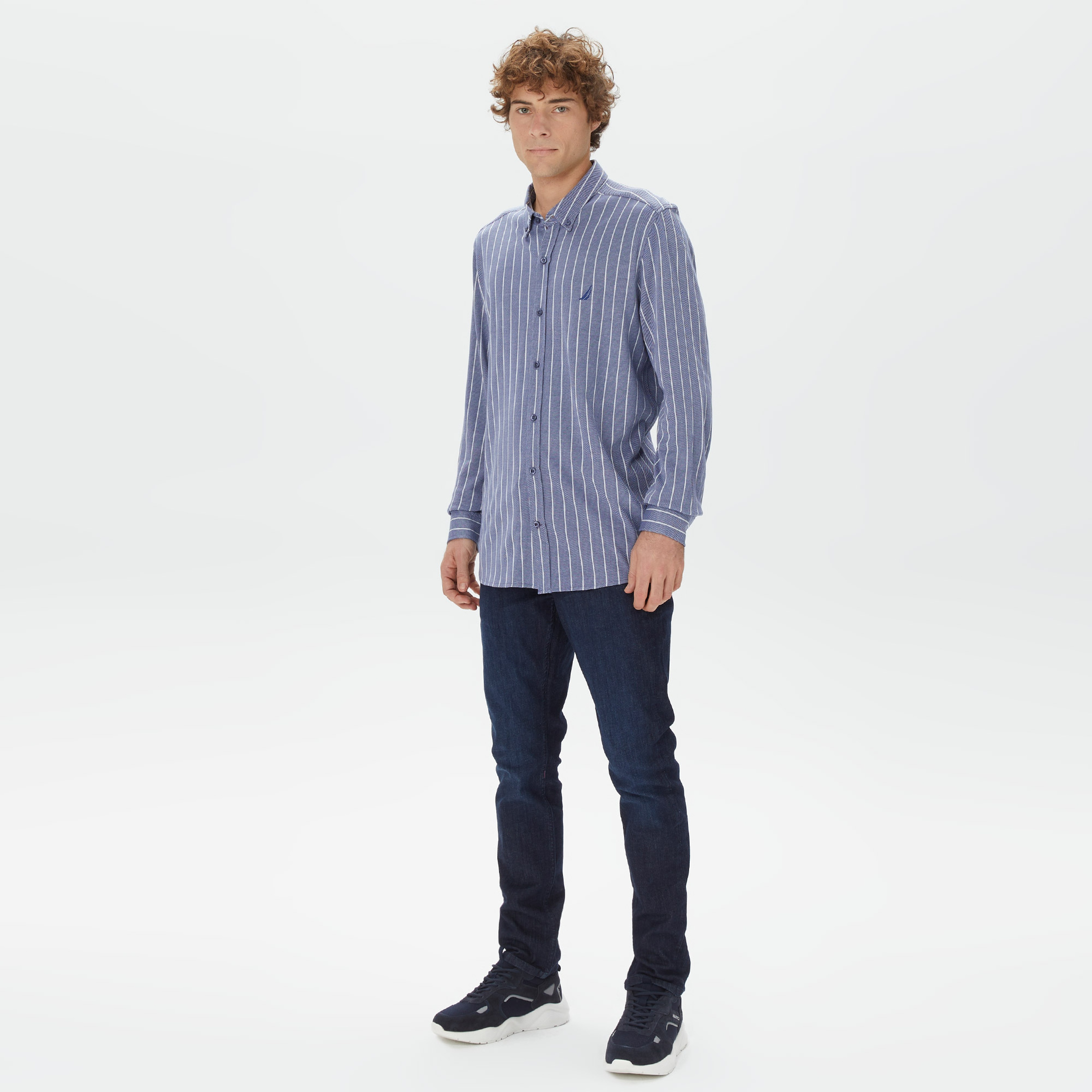 Nautica Erkek Mavi Classic Fit Uzun Kollu Çizgili Gömlek