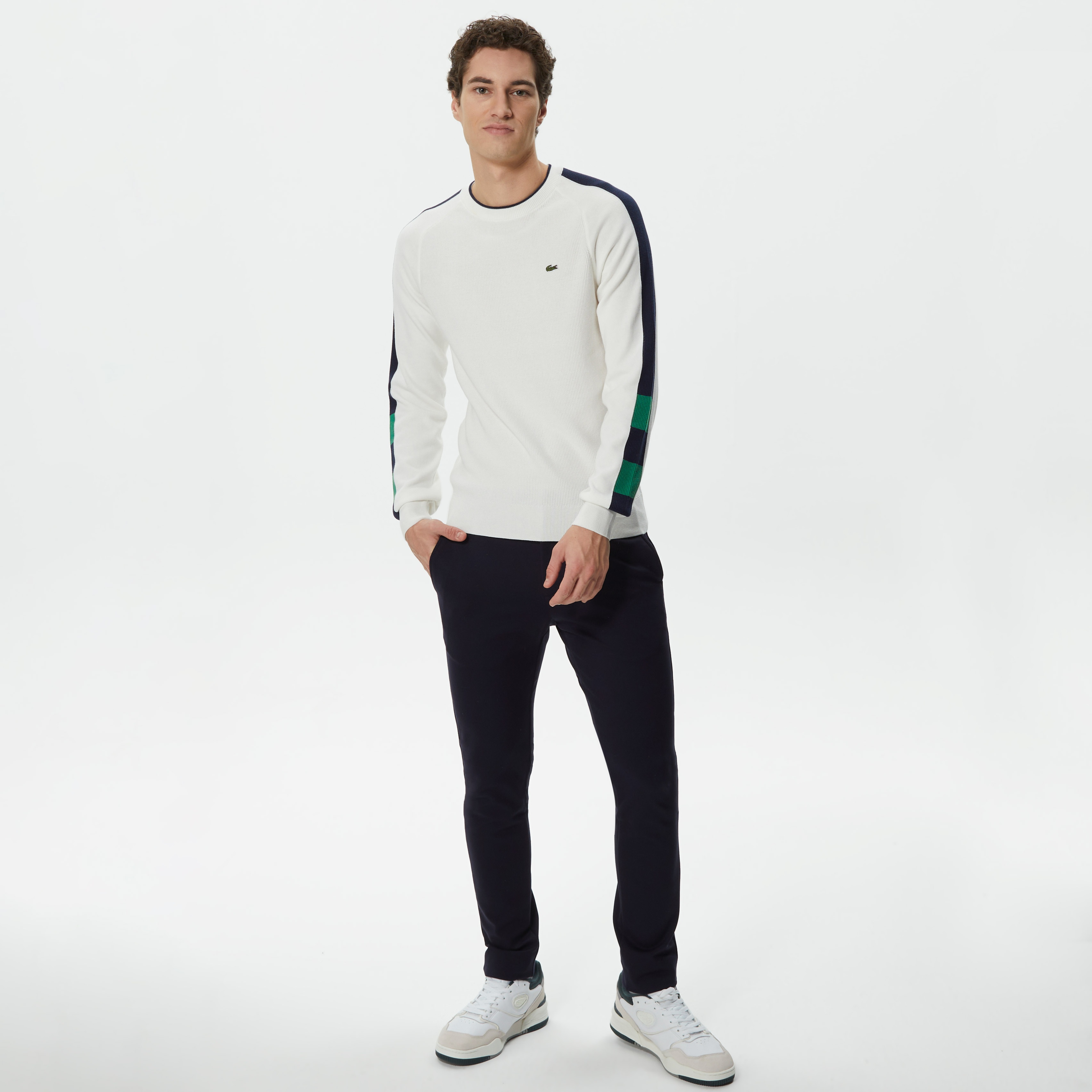 Erkek Regular Fit Uzun Kollu Bisiklet Yaka Renk Bloklu Ekru Triko