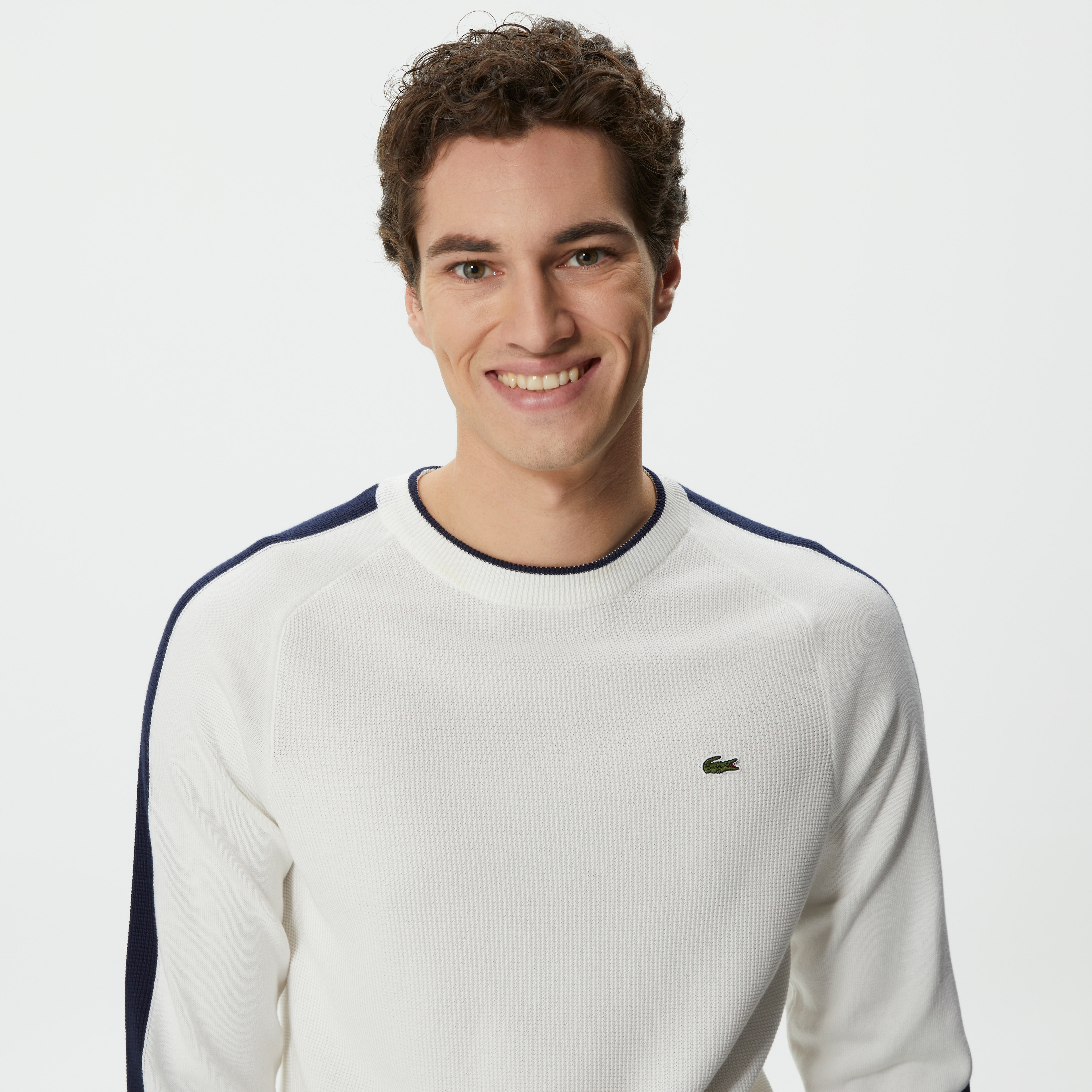 Erkek Regular Fit Uzun Kollu Bisiklet Yaka Renk Bloklu Ekru Triko