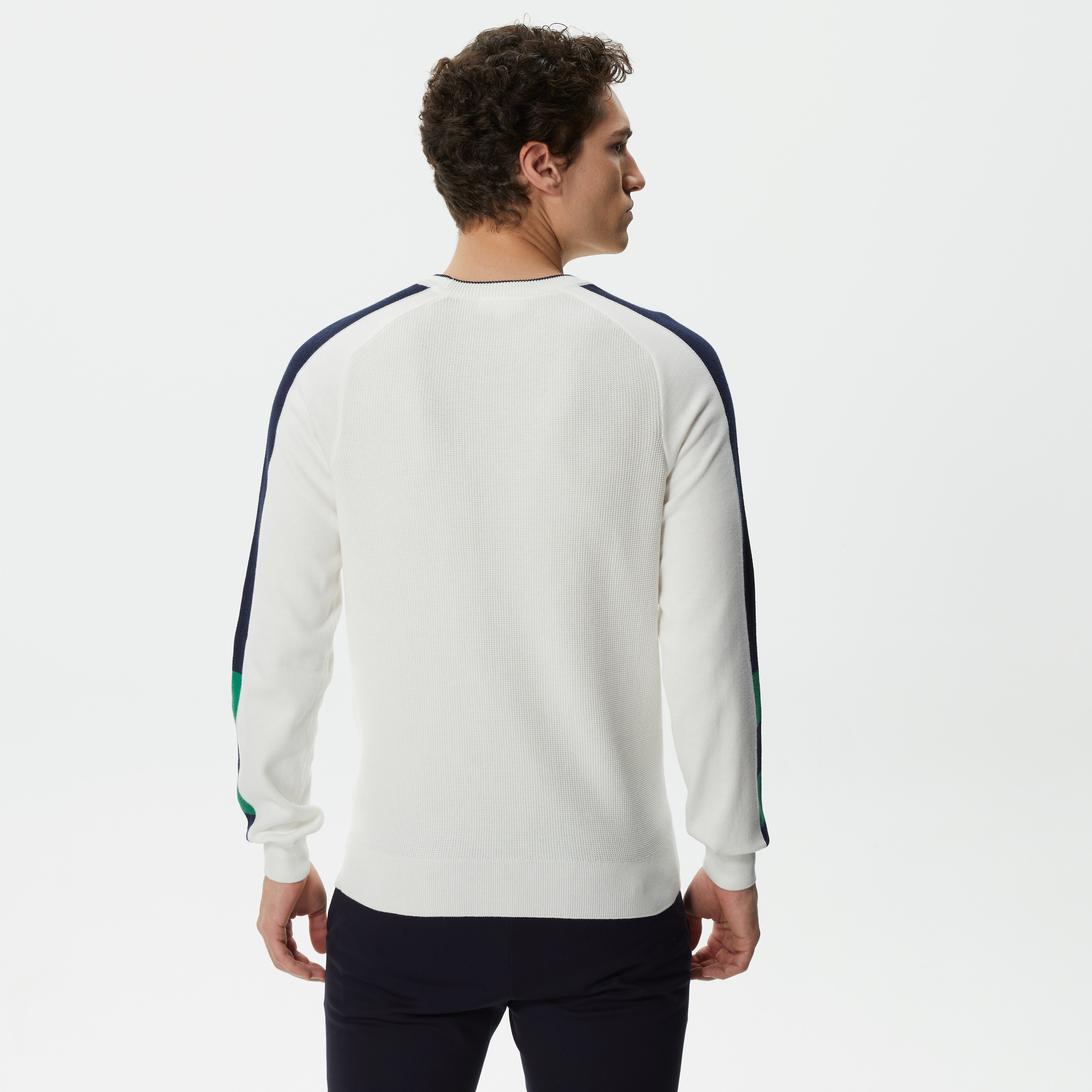 Erkek Regular Fit Uzun Kollu Bisiklet Yaka Renk Bloklu Ekru Triko