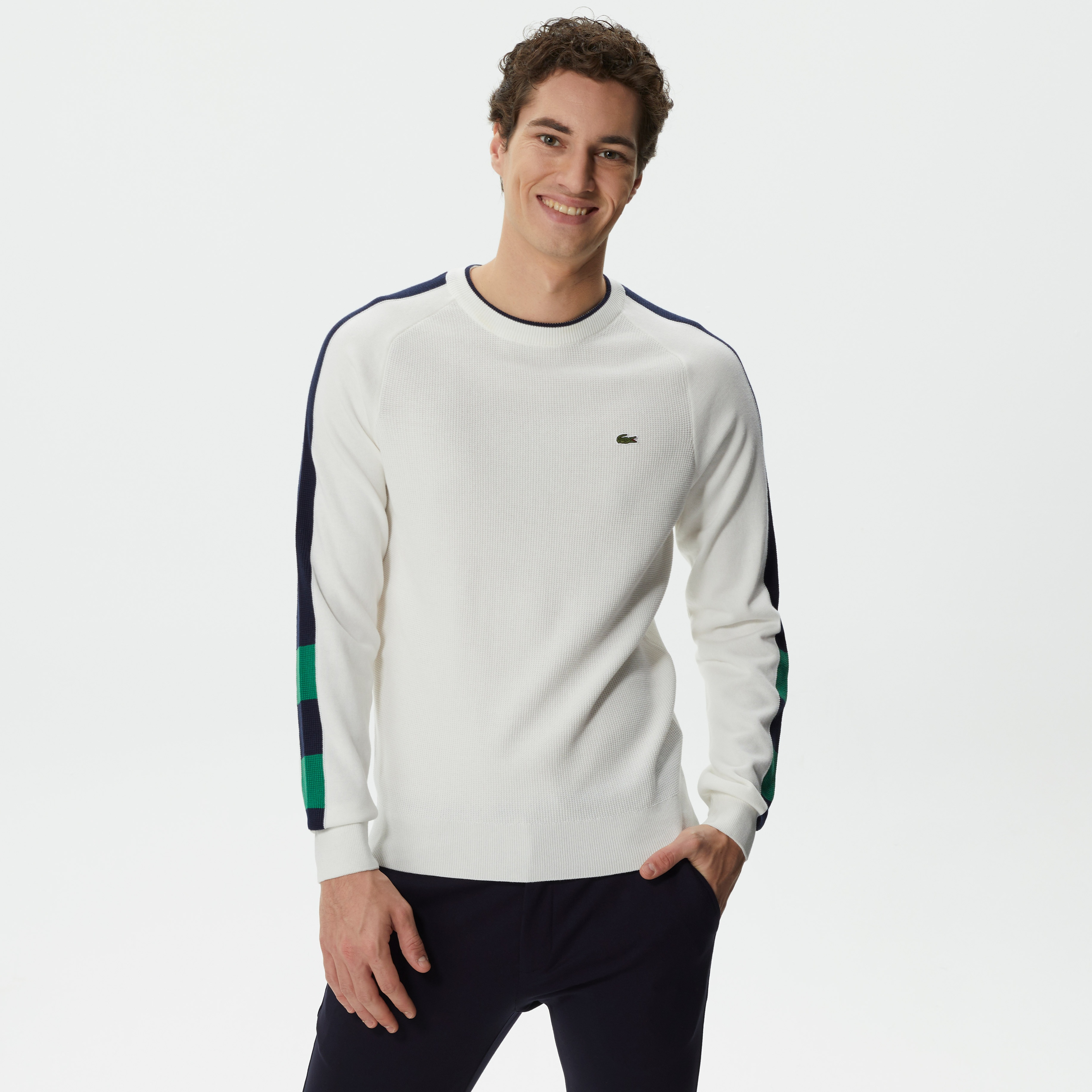 Erkek Regular Fit Uzun Kollu Bisiklet Yaka Renk Bloklu Ekru Triko