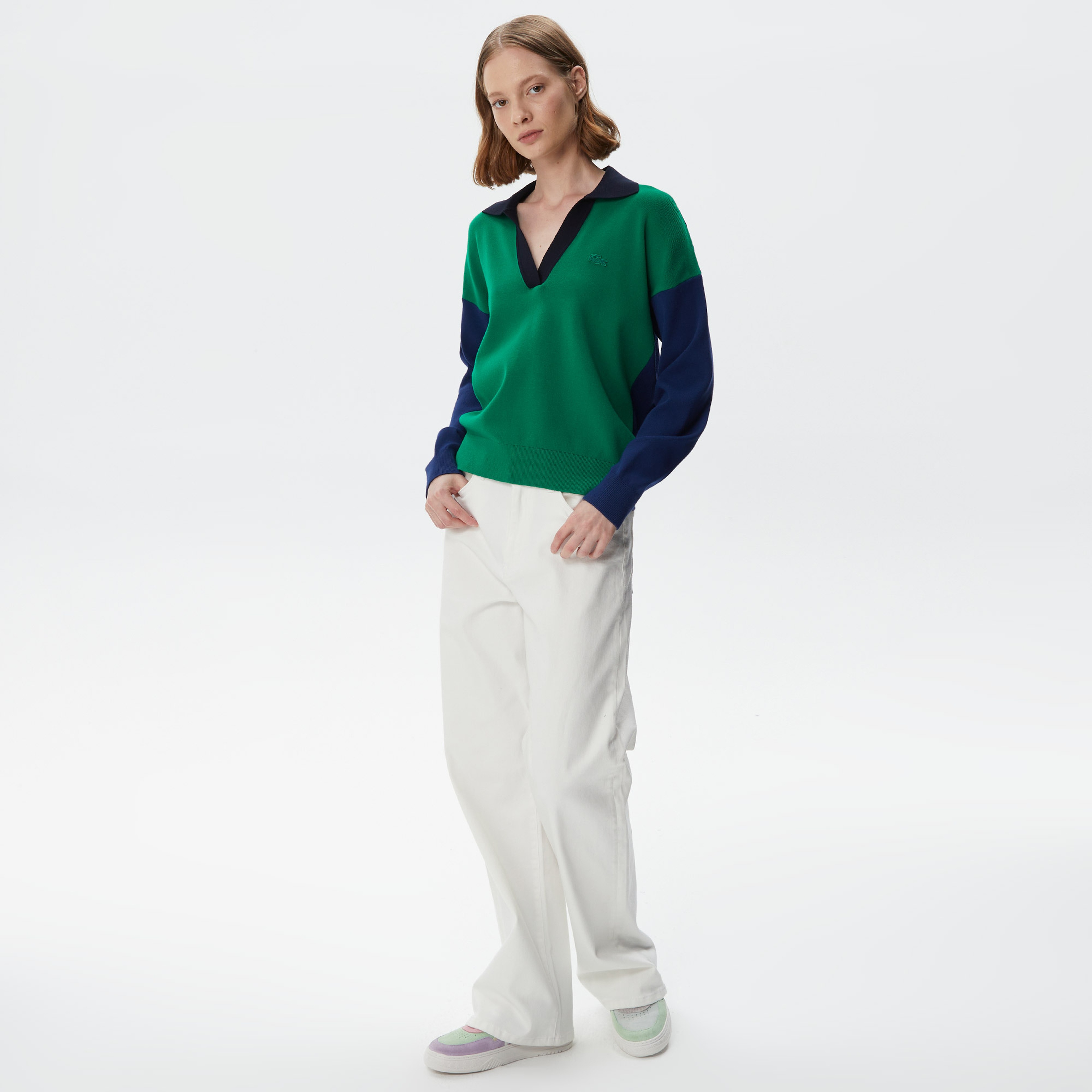Kadın Regular Fit Polo Yaka Renk Bloklu Yeşil Kazak