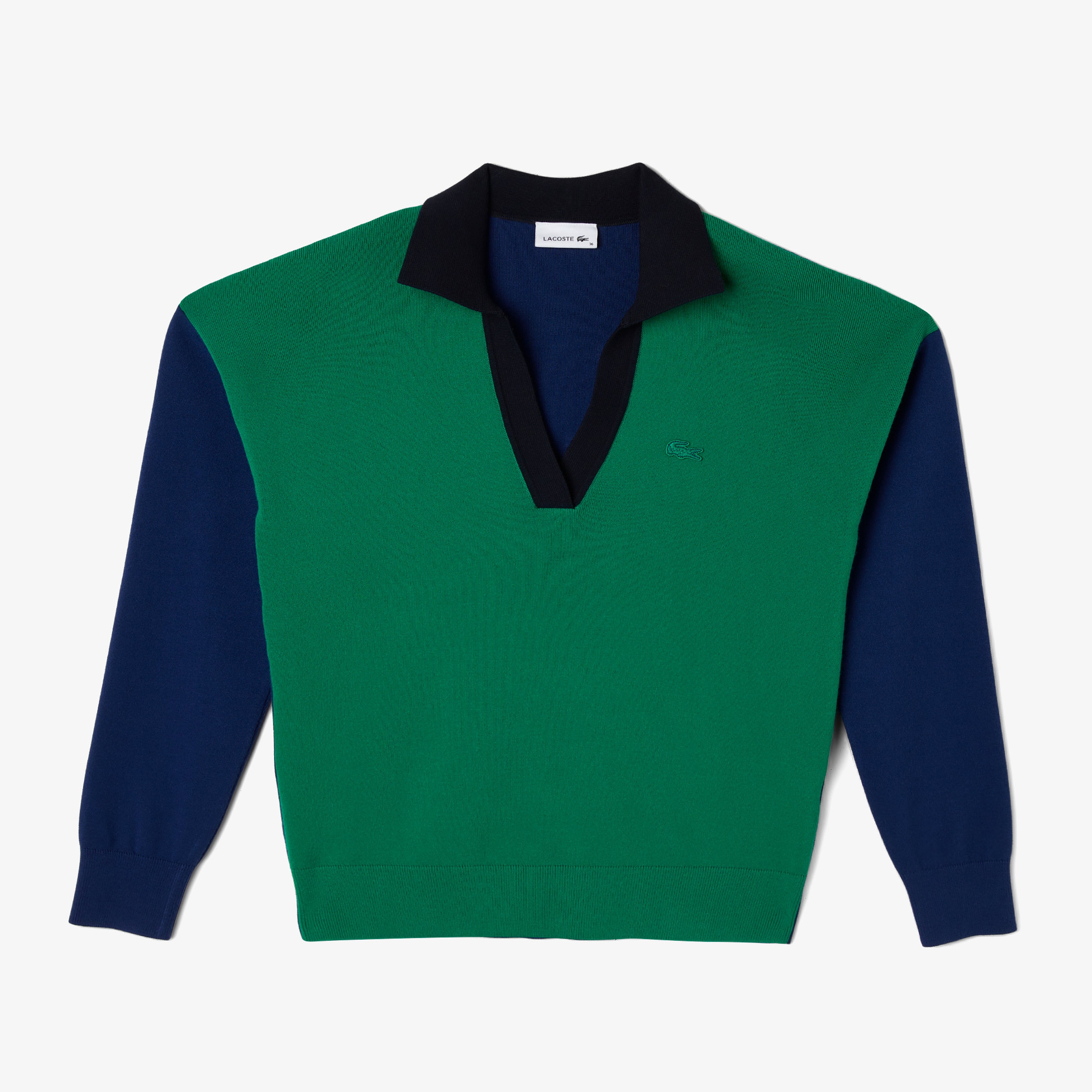 Kadın Regular Fit Polo Yaka Renk Bloklu Yeşil Kazak