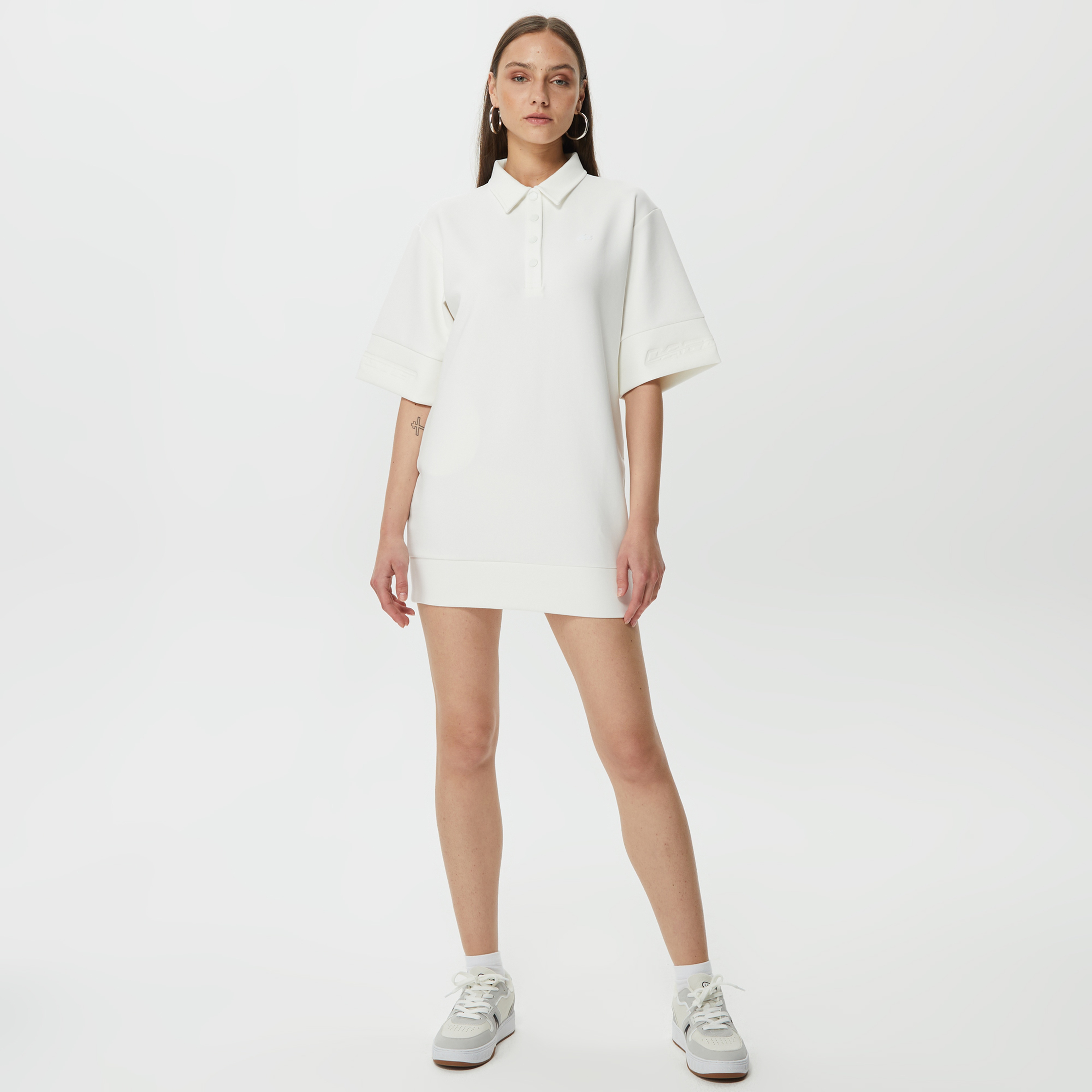 Kadın Loose Fit Kısa Kollu Polo Yaka Beyaz Elbise