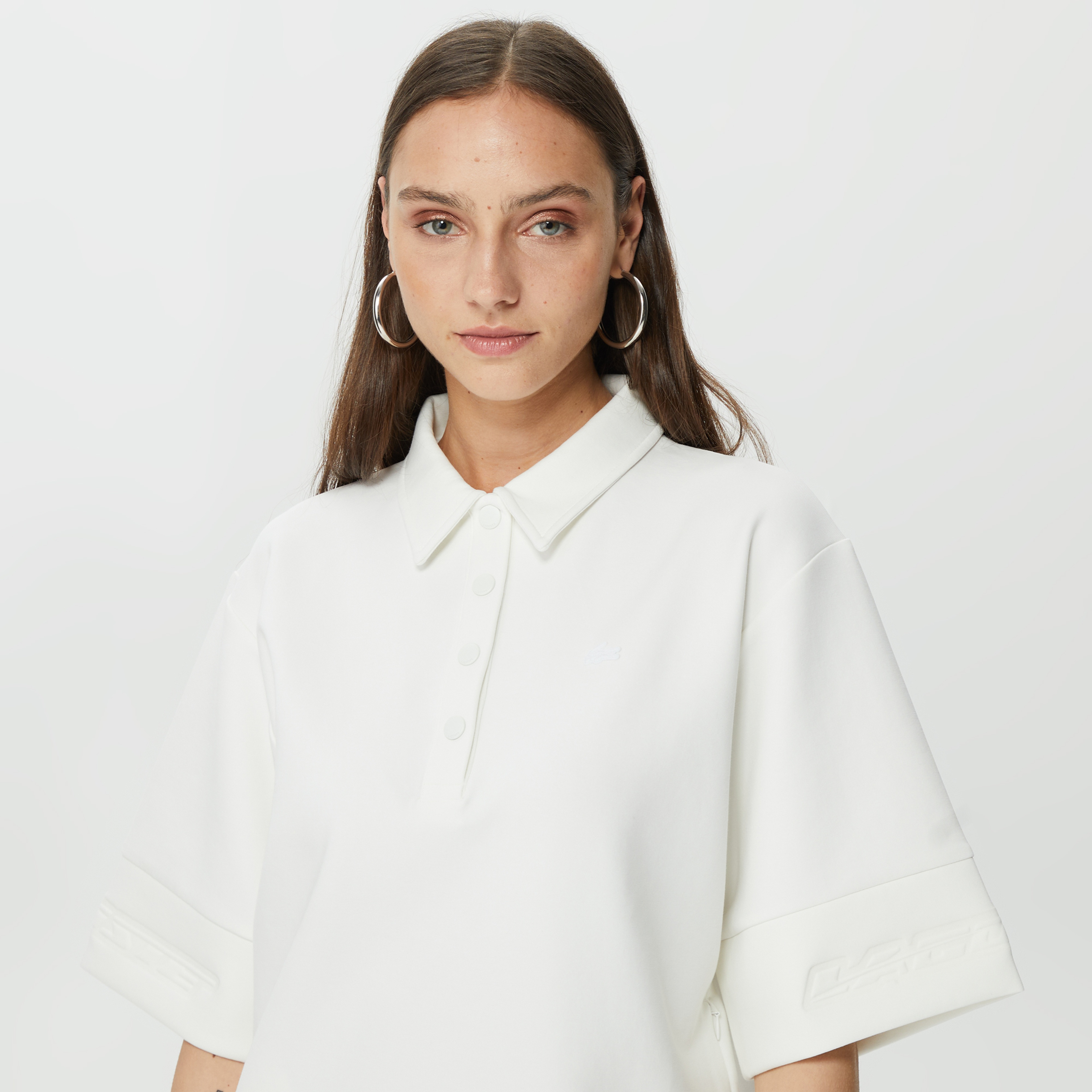 Kadın Loose Fit Kısa Kollu Polo Yaka Beyaz Elbise