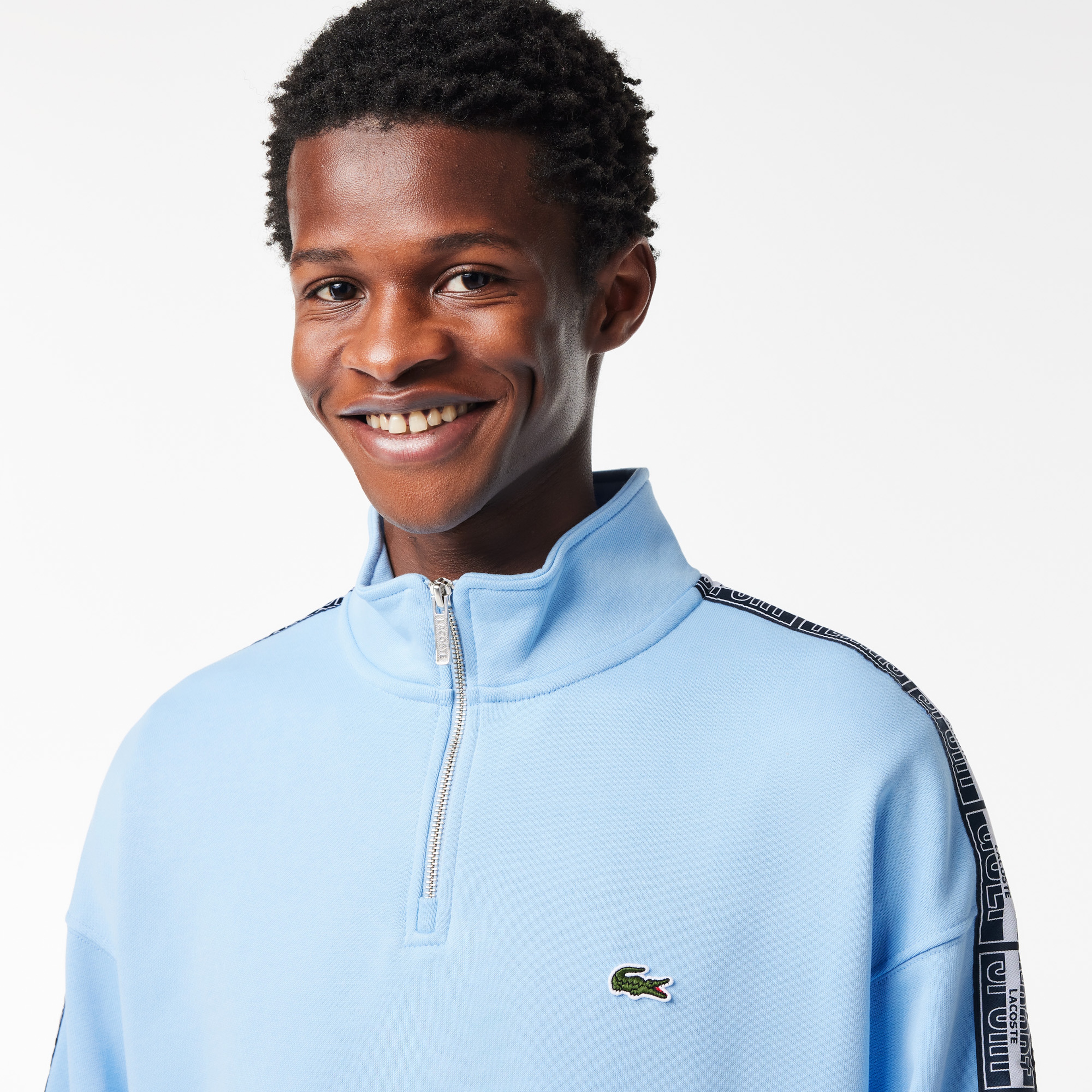 Erkek Loose Fit Yarım Fermuarlı Baskılı Açık Mavi Sweatshirt