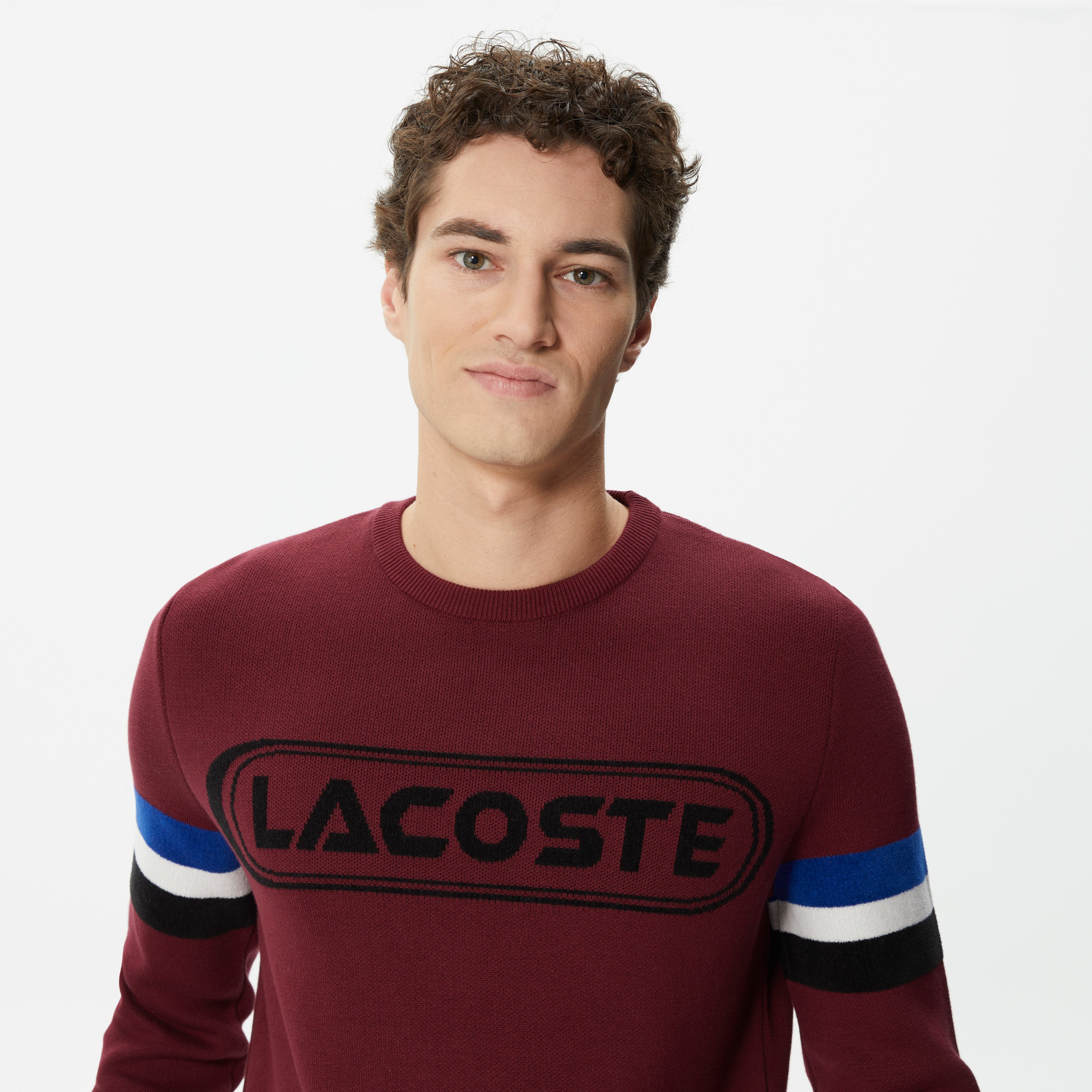 Lacoste Erkek Regular Fit Uzun Kollu Bisiklet Yaka Renk Bloklu Bordo Triko