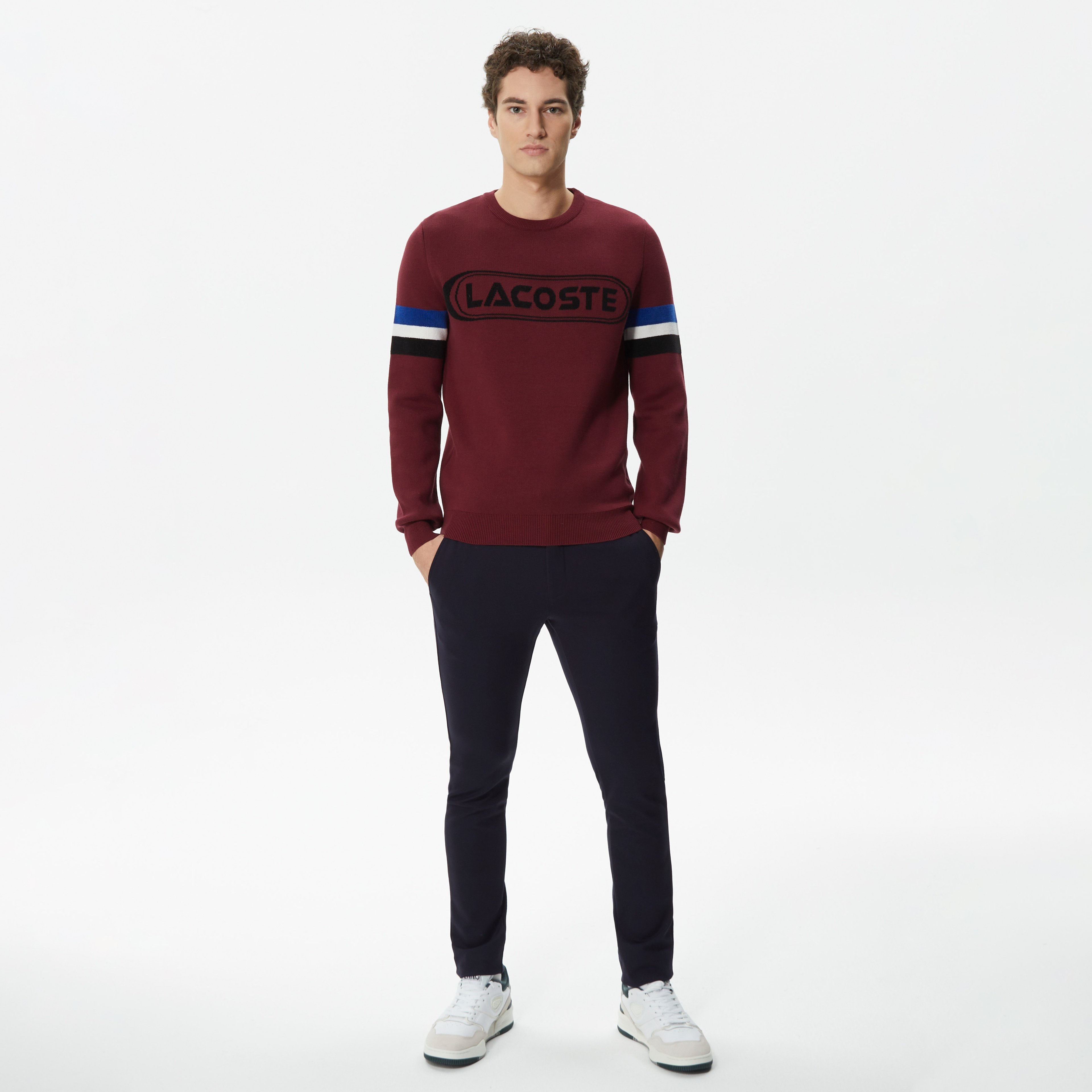 Lacoste Erkek Regular Fit Uzun Kollu Bisiklet Yaka Renk Bloklu Bordo Triko